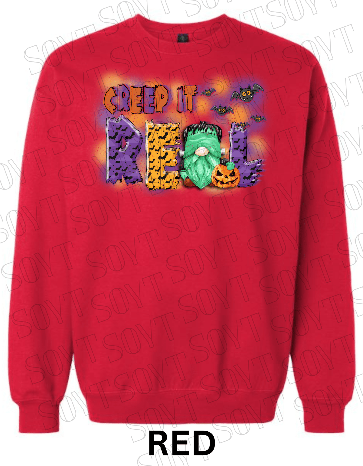 Creep It Real Halloween Sweatshirt – Frankenstein Gnome & Pumpkin Fleece Pullover - Festive Apparel StoreRed