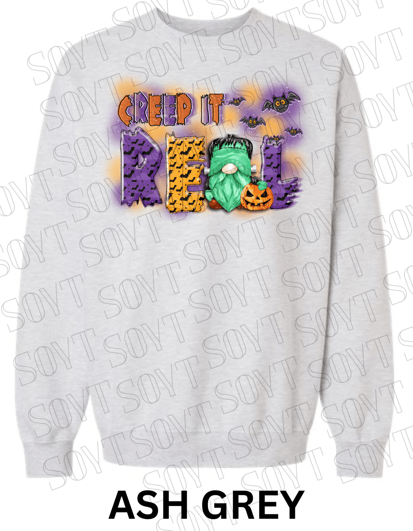 Creep It Real Halloween Sweatshirt – Frankenstein Gnome & Pumpkin Fleece Pullover - Festive Apparel StoreAsh Grey
