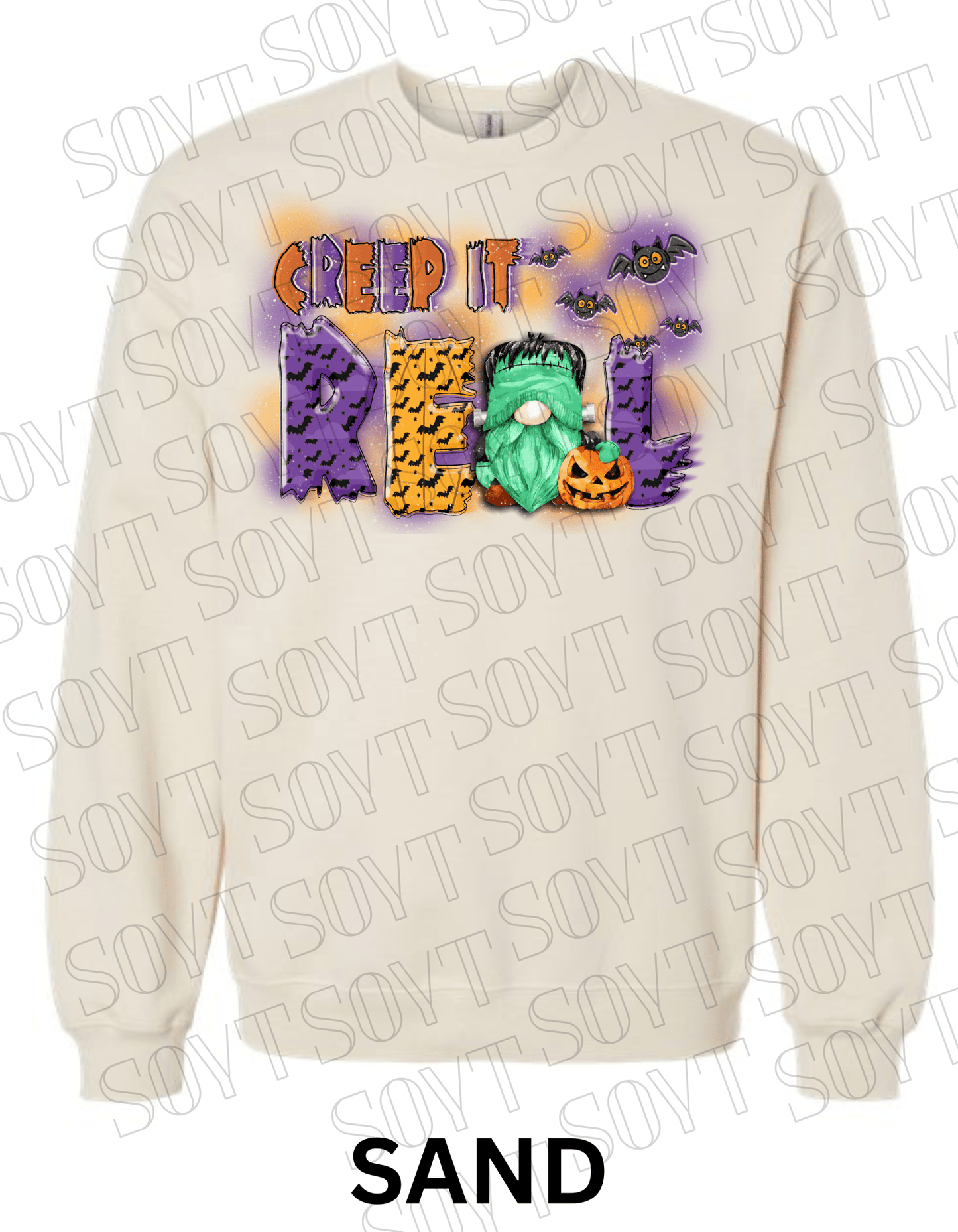 Creep It Real Halloween Sweatshirt – Frankenstein Gnome & Pumpkin Fleece Pullover - Festive Apparel StoreSand