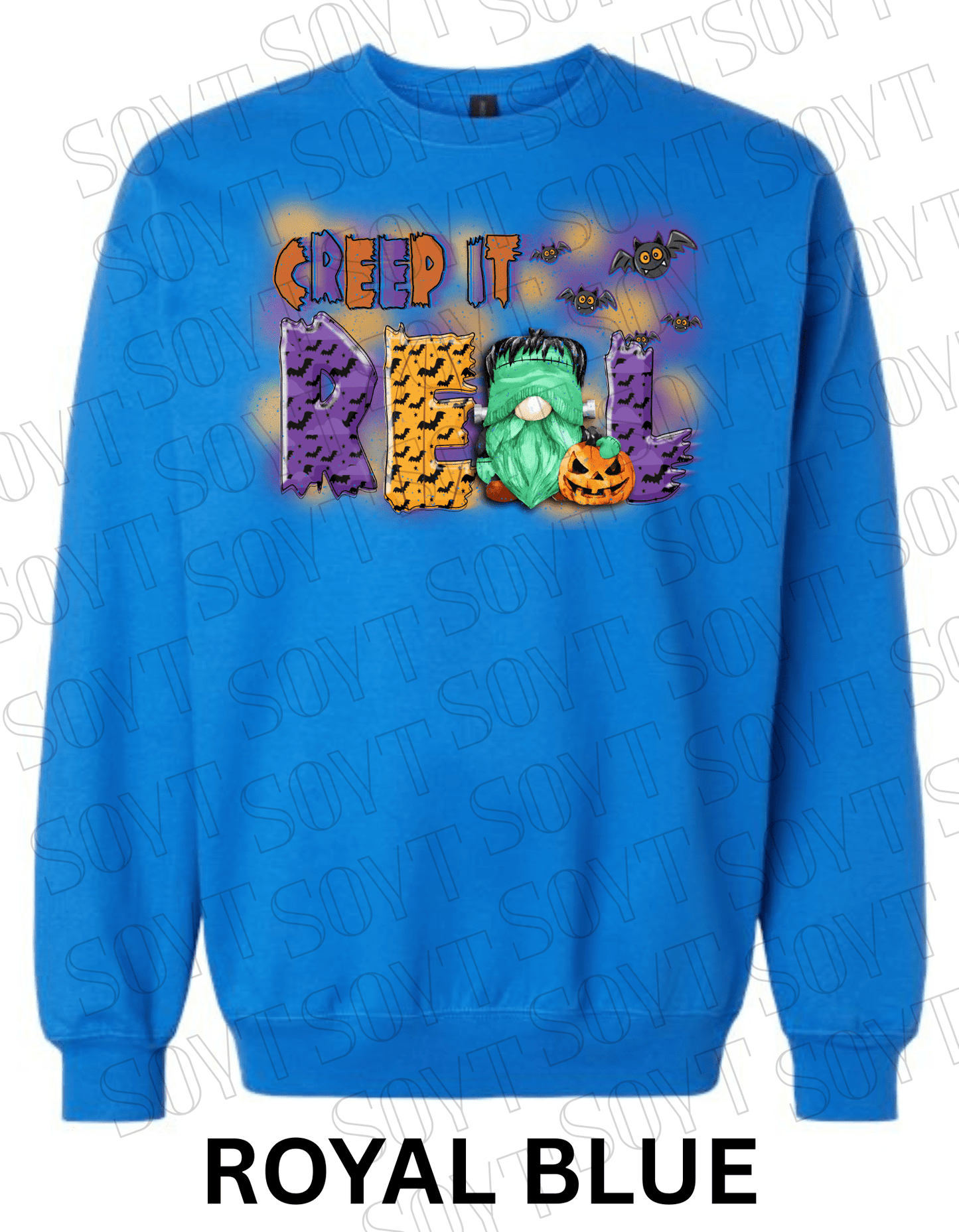 Creep It Real Halloween Sweatshirt – Frankenstein Gnome & Pumpkin Fleece Pullover - Festive Apparel StoreRoyal Blue