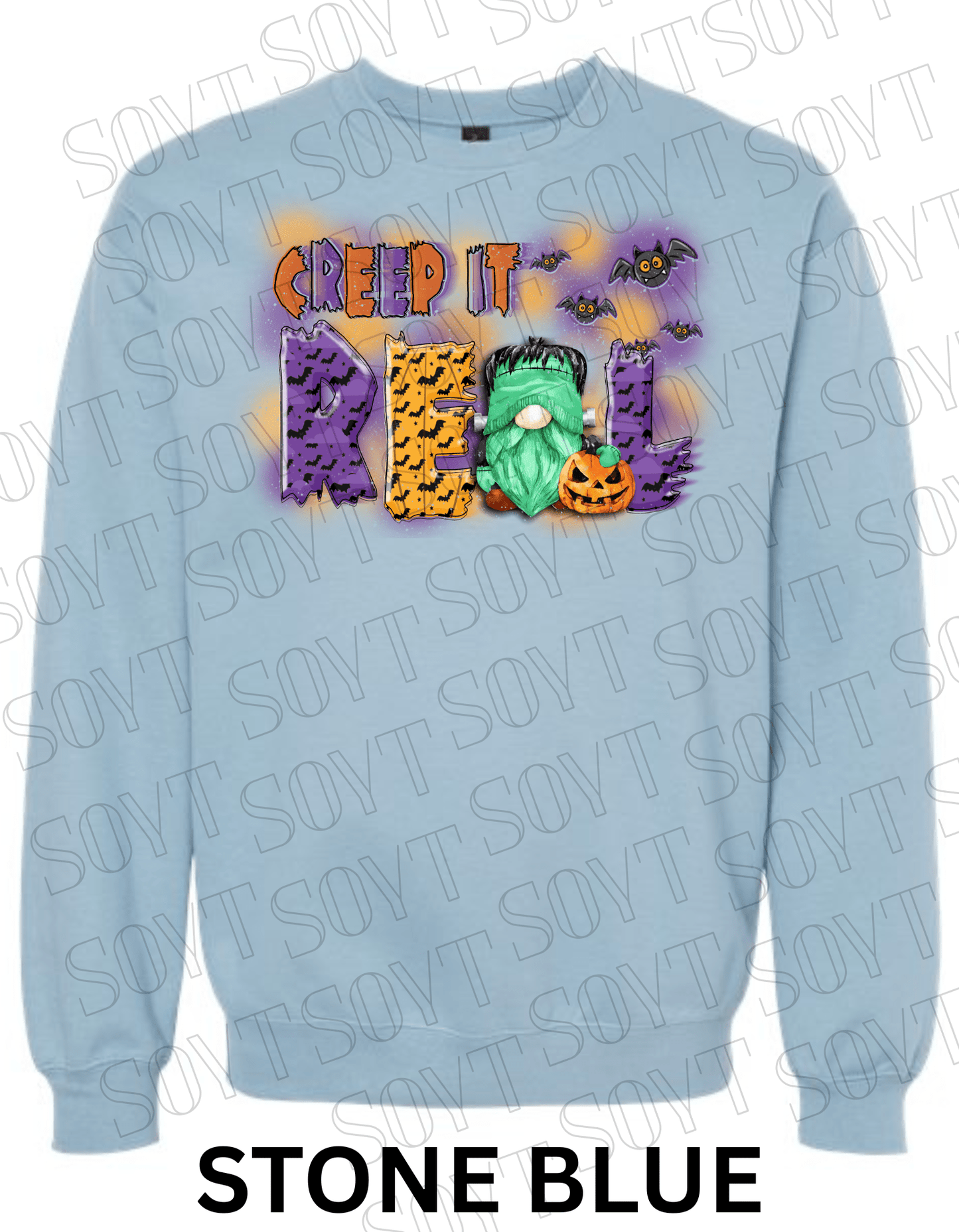 Creep It Real Halloween Sweatshirt – Frankenstein Gnome & Pumpkin Fleece Pullover - Festive Apparel StoreStone Blue