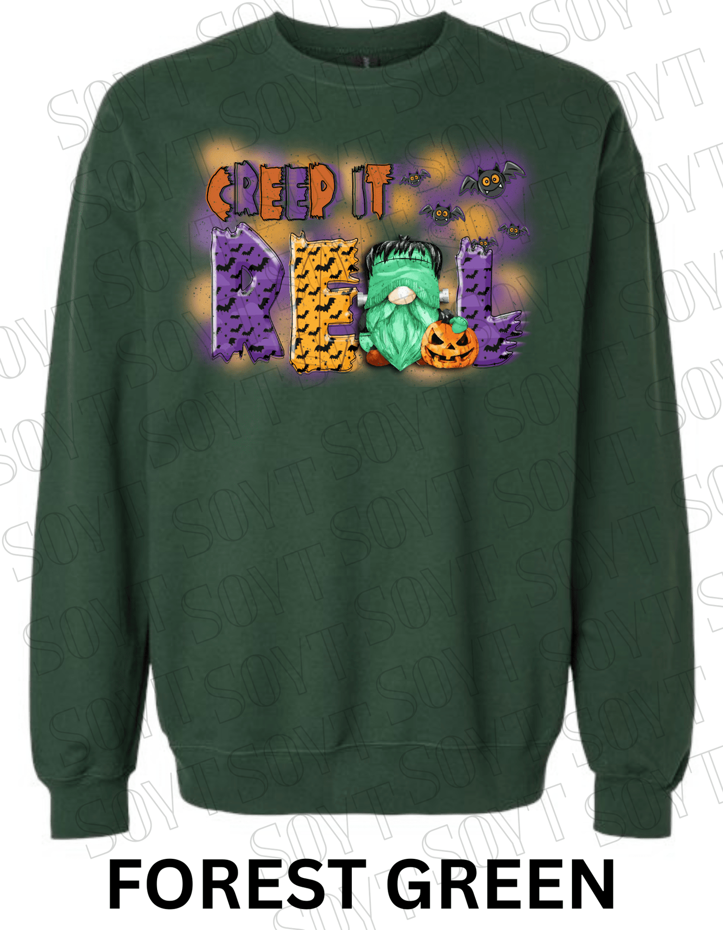 Creep It Real Halloween Sweatshirt – Frankenstein Gnome & Pumpkin Fleece Pullover - Festive Apparel StoreForest Green