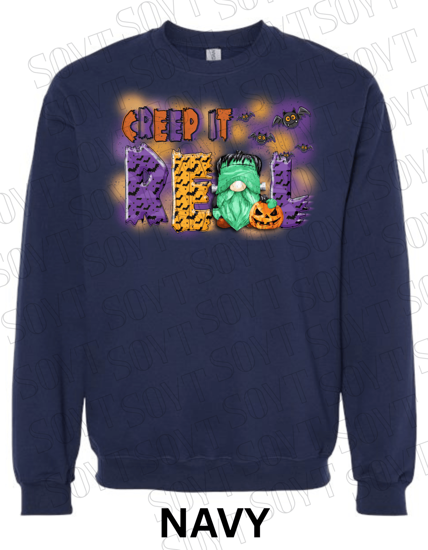 Creep It Real Halloween Sweatshirt – Frankenstein Gnome & Pumpkin Fleece Pullover - Festive Apparel StoreNavy Blue