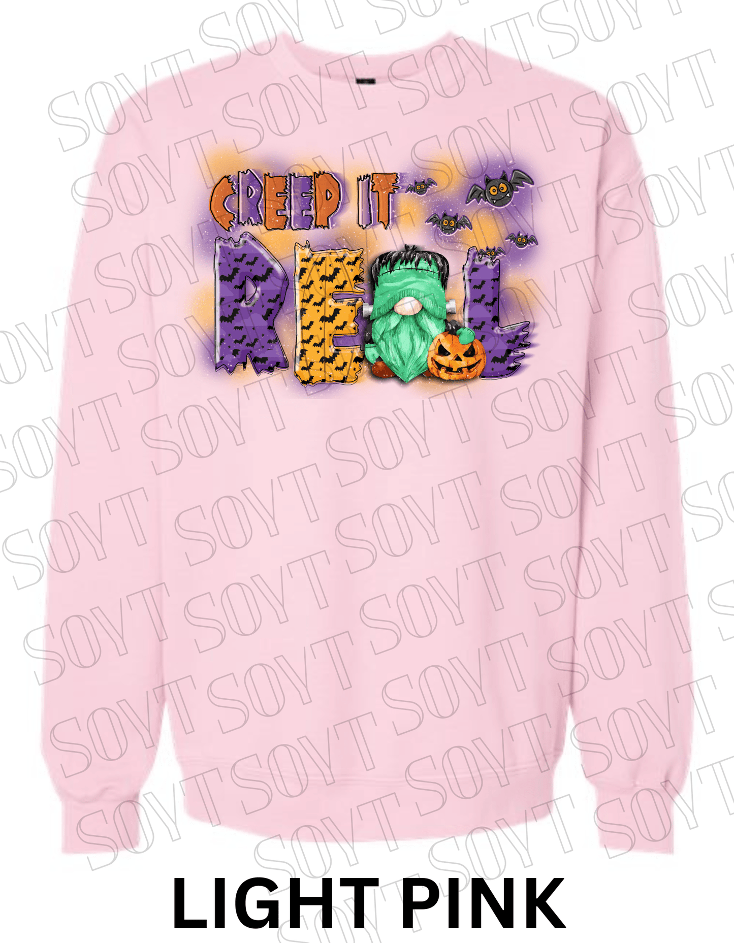 Creep It Real Halloween Sweatshirt – Frankenstein Gnome & Pumpkin Fleece Pullover - Festive Apparel StoreLight Pink