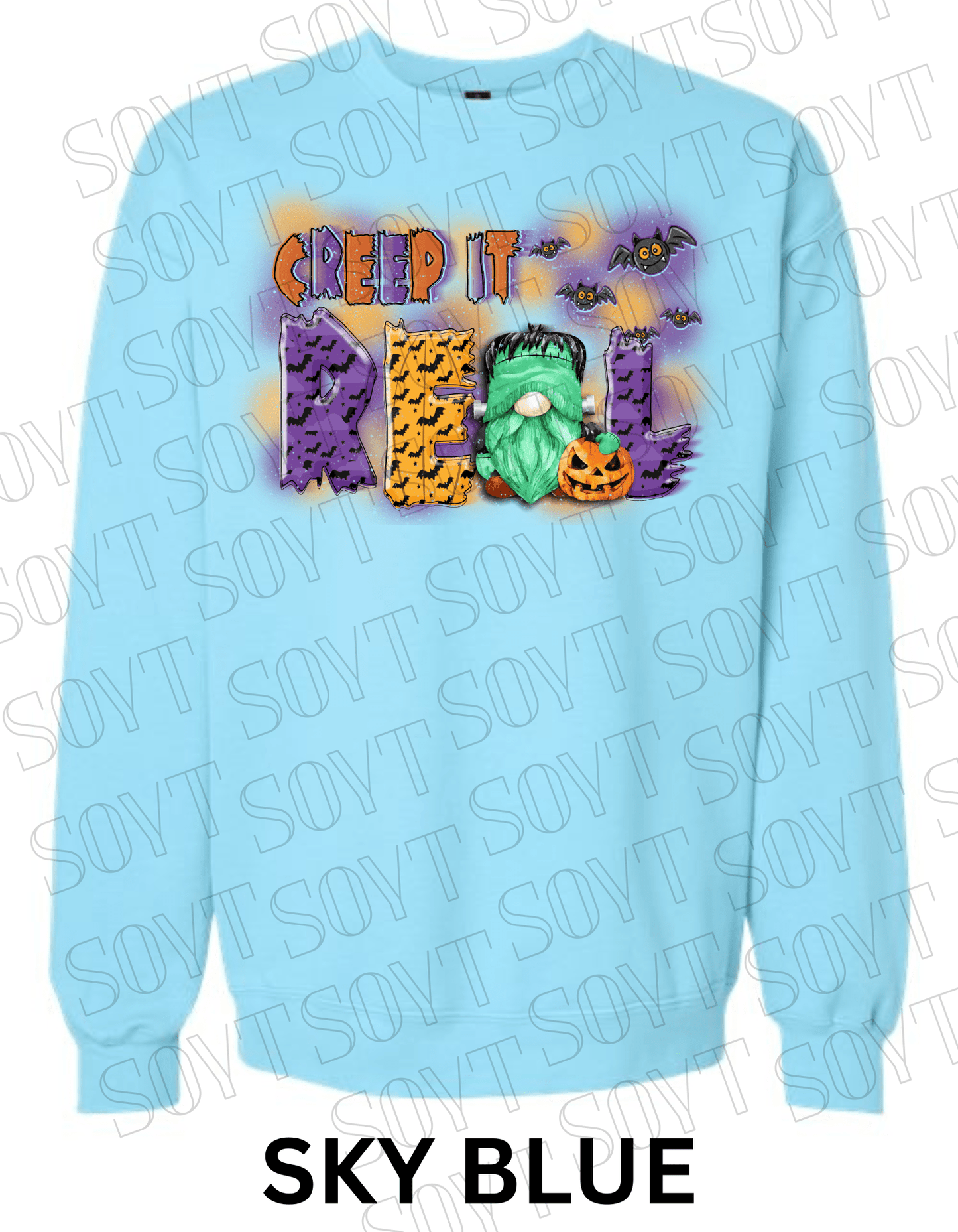 Creep It Real Halloween Sweatshirt – Frankenstein Gnome & Pumpkin Fleece Pullover - Festive Apparel StoreSky Blue
