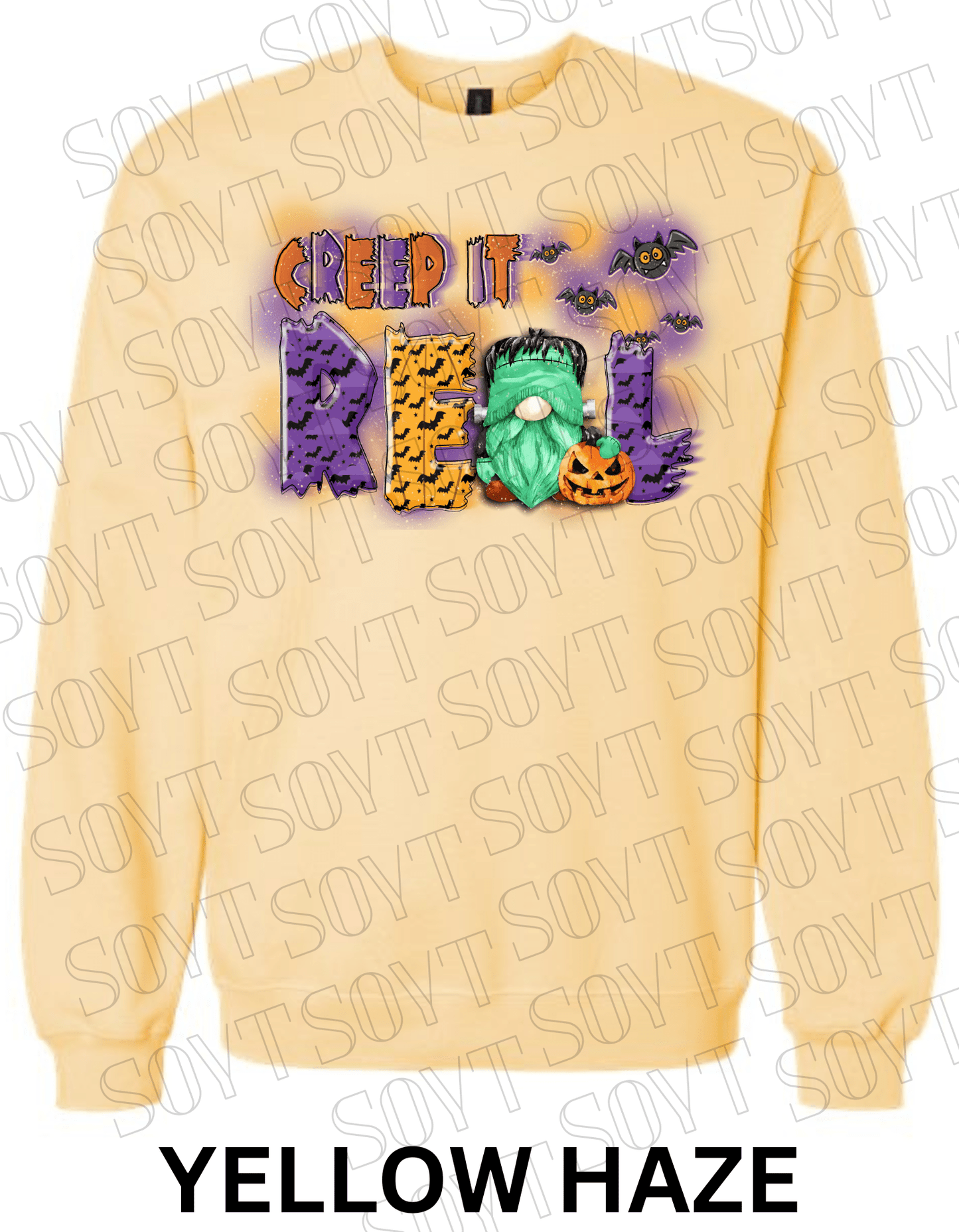 Creep It Real Halloween Sweatshirt – Frankenstein Gnome & Pumpkin Fleece Pullover - Festive Apparel StoreYellow Haze