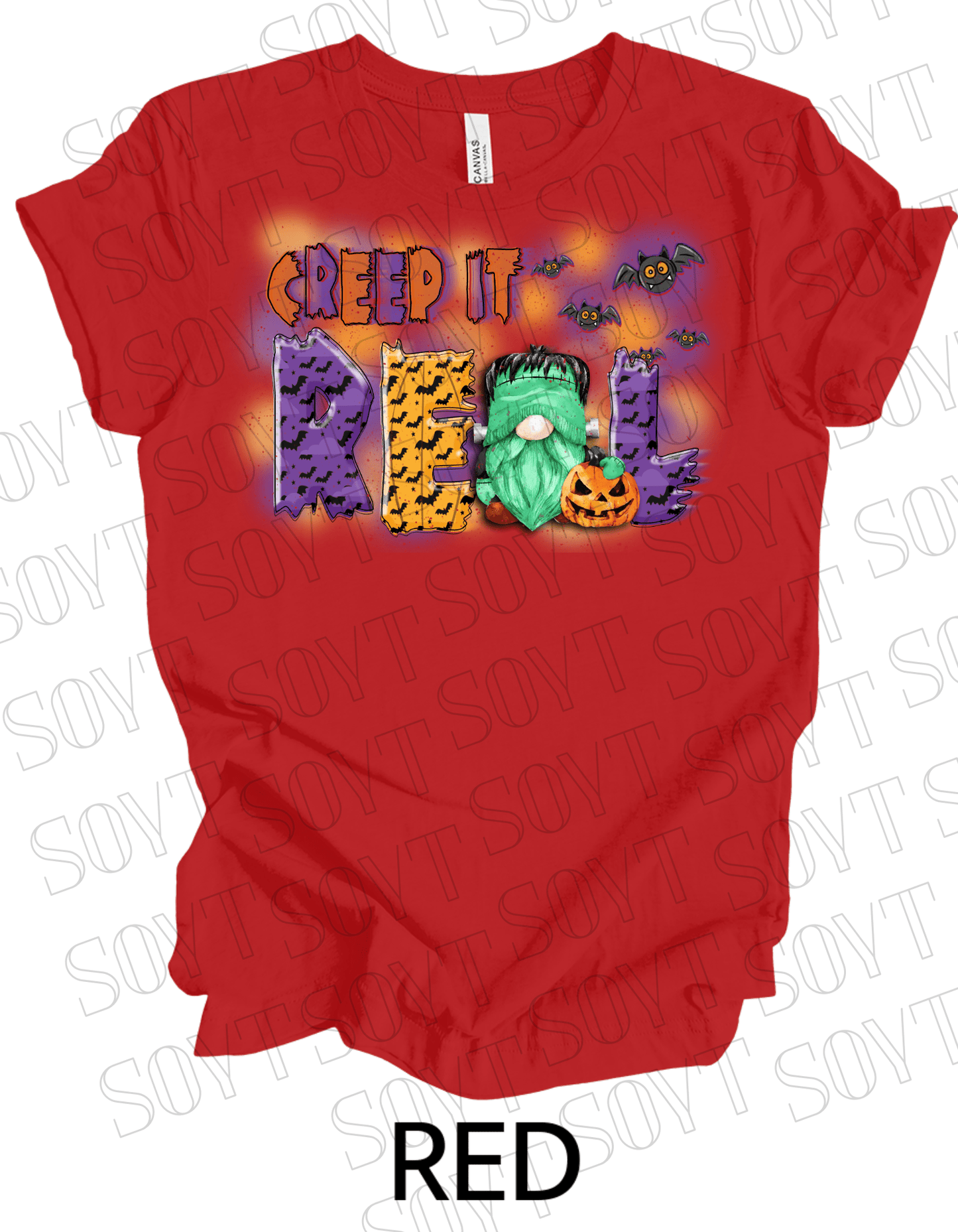 Creep It Real Halloween T-Shirt – Frankenstein Gnome & Pumpkin Bat Graphic Tee - Festive Apparel StoreRed