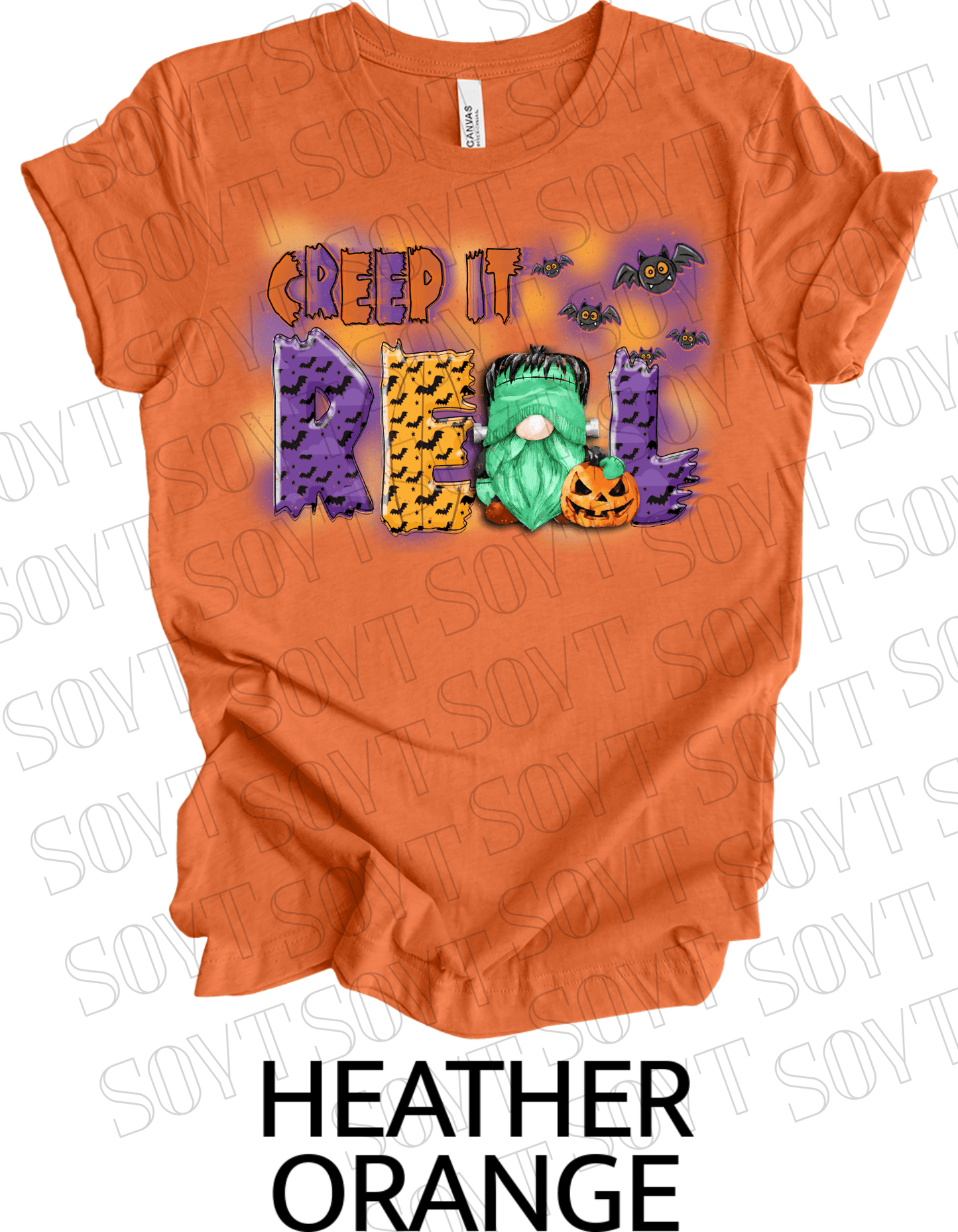 Creep It Real Halloween T-Shirt – Frankenstein Gnome & Pumpkin Bat Graphic Tee - Festive Apparel StoreHeather Orange