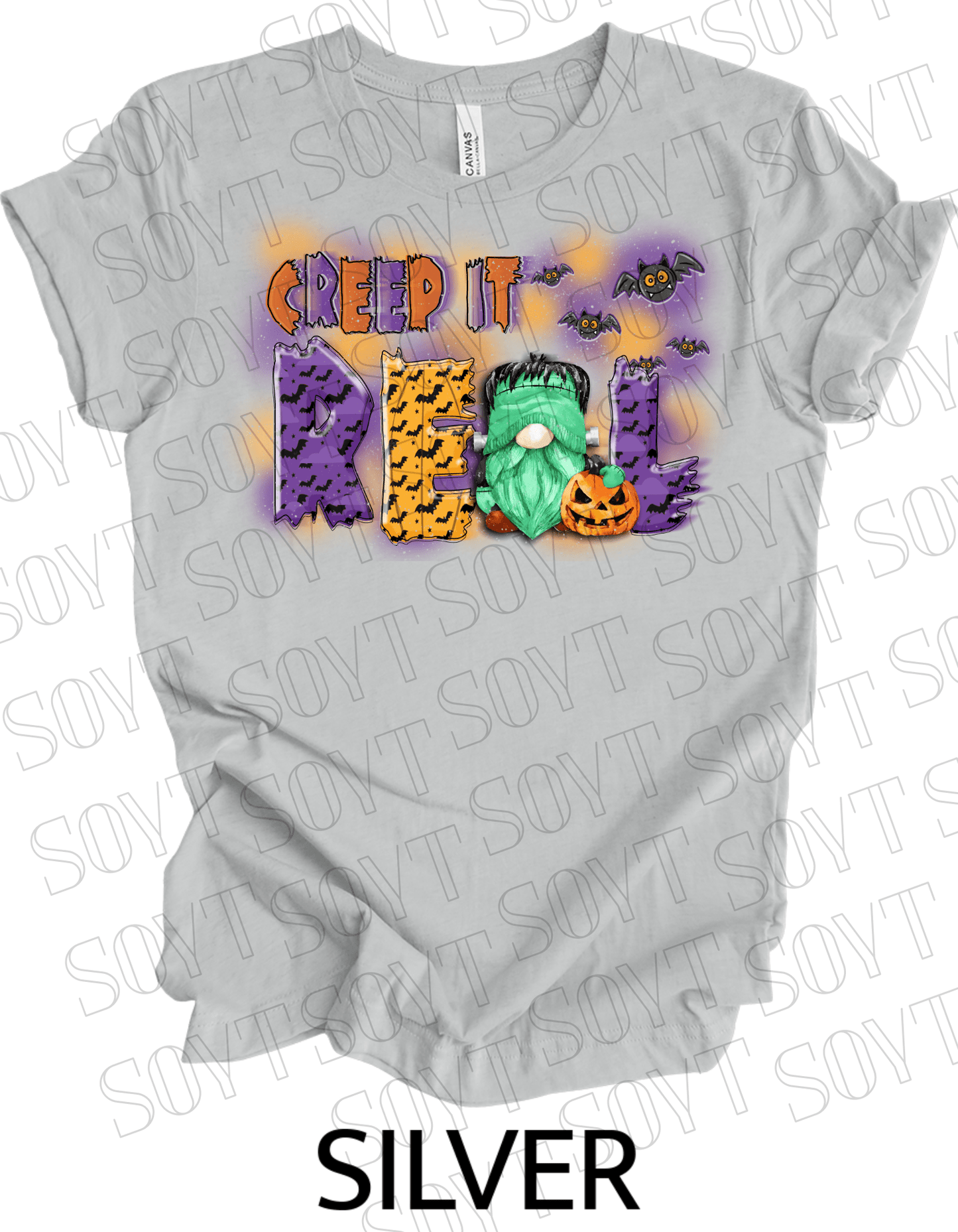 Creep It Real Halloween T-Shirt – Frankenstein Gnome & Pumpkin Bat Graphic Tee - Festive Apparel StoreSilver