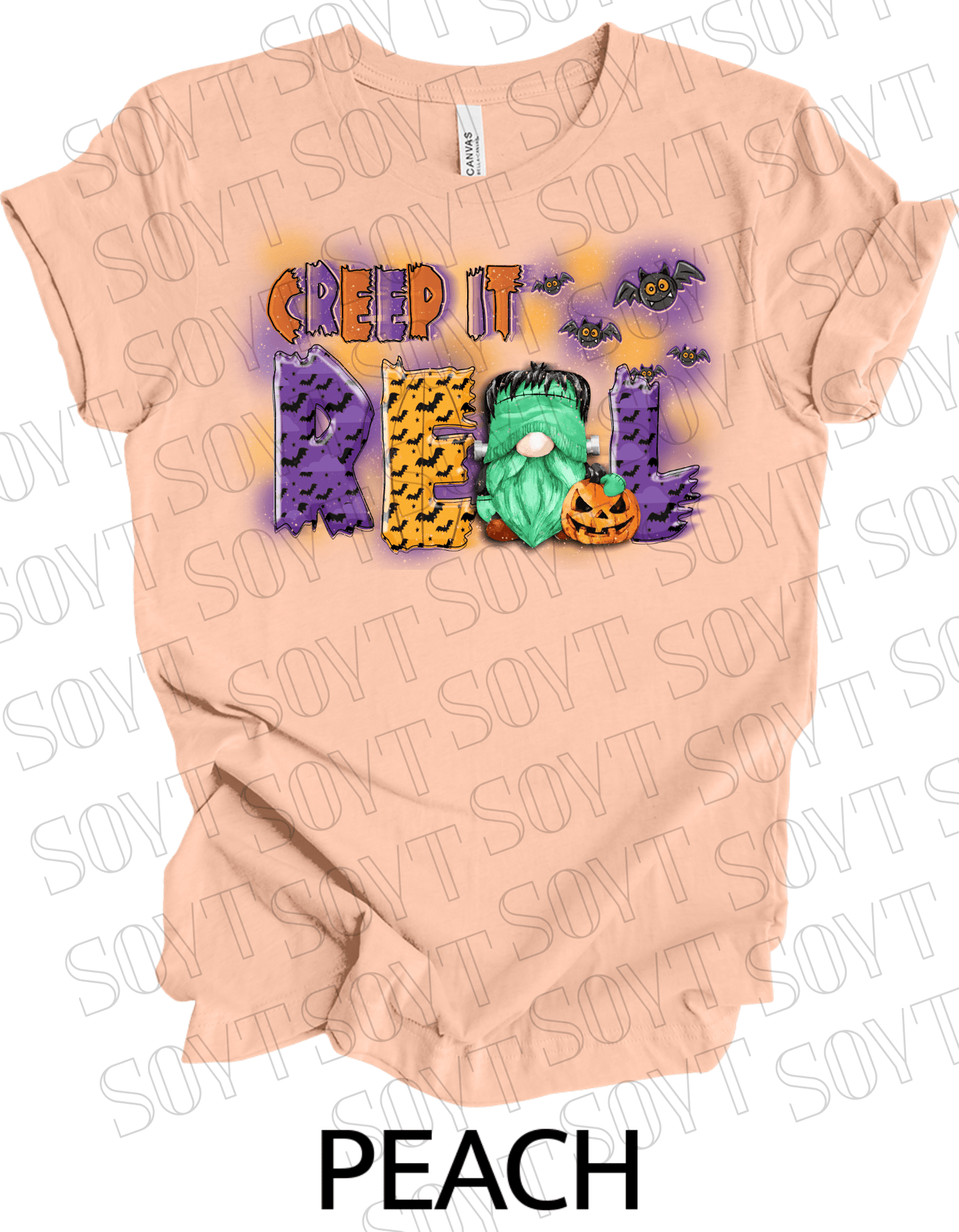 Creep It Real Halloween T-Shirt – Frankenstein Gnome & Pumpkin Bat Graphic Tee - Festive Apparel StorePeach