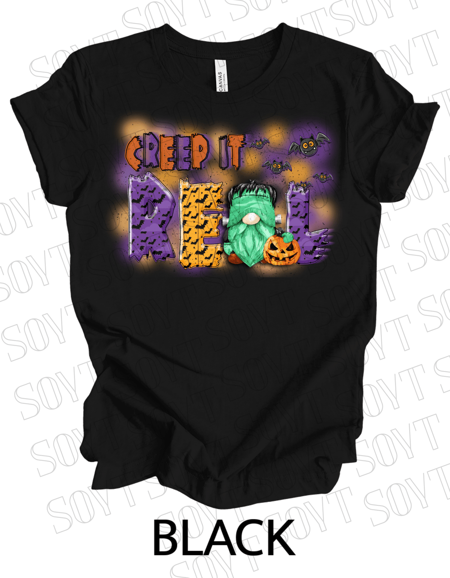 Creep It Real Halloween T-Shirt – Frankenstein Gnome & Pumpkin Bat Graphic Tee - Festive Apparel StoreBlack
