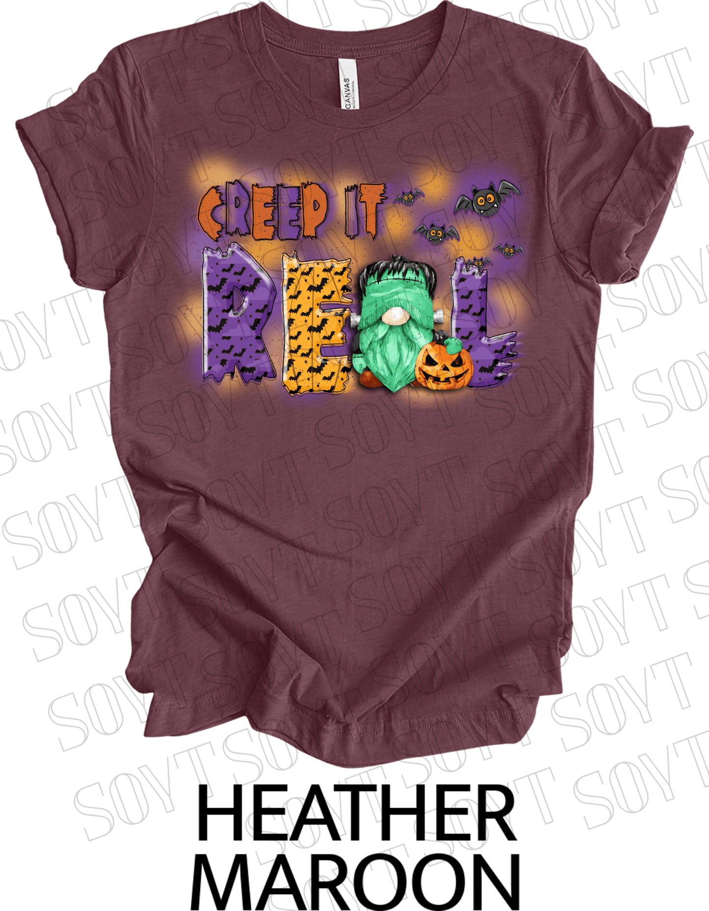 Creep It Real Halloween T-Shirt – Frankenstein Gnome & Pumpkin Bat Graphic Tee - Festive Apparel StoreHeather Maroon