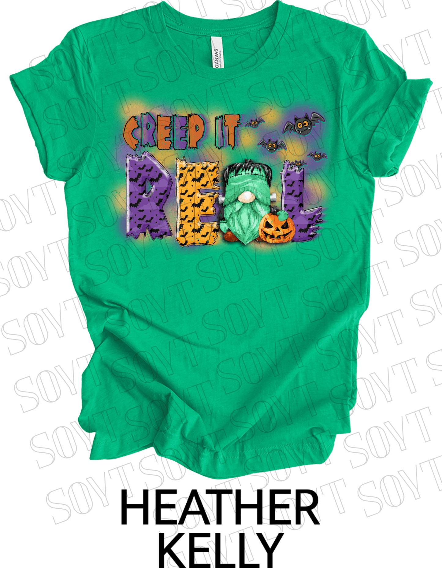Creep It Real Halloween T-Shirt – Frankenstein Gnome & Pumpkin Bat Graphic Tee - Festive Apparel StoreHeather Kelly Green