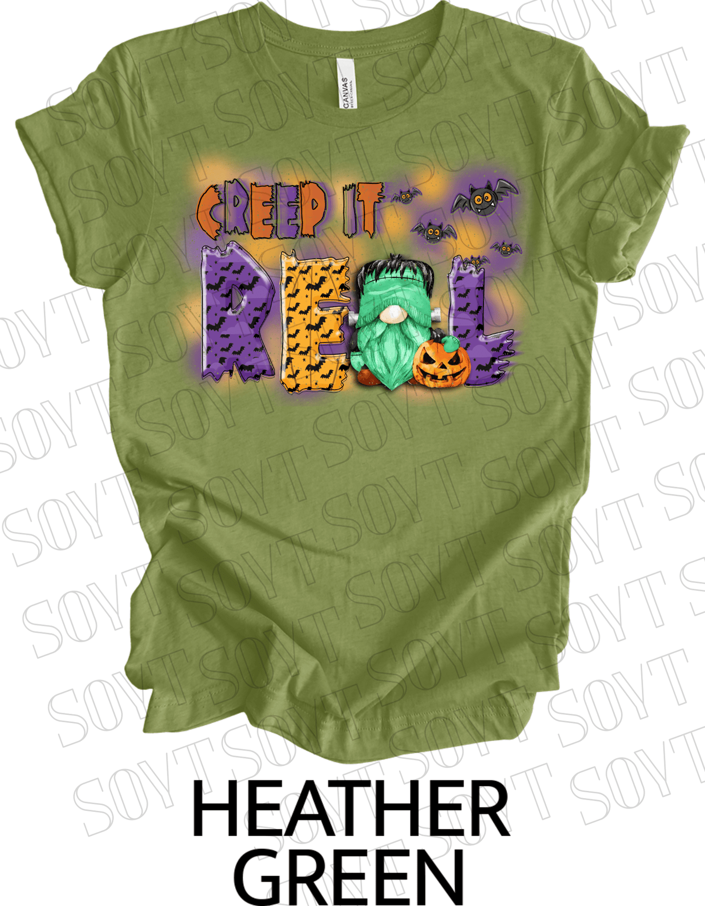 Creep It Real Halloween T-Shirt – Frankenstein Gnome & Pumpkin Bat Graphic Tee - Festive Apparel StoreHeather Green