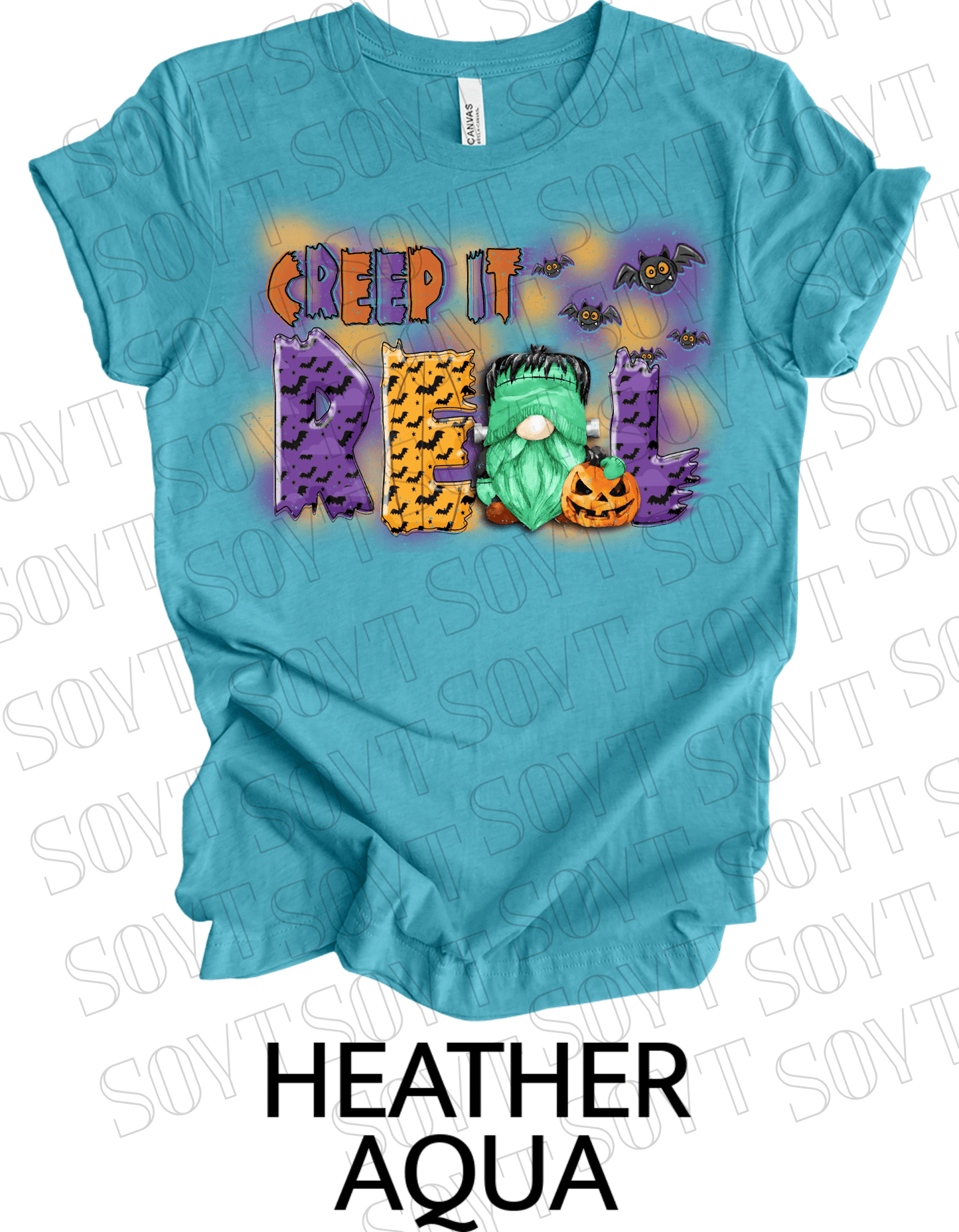 Creep It Real Halloween T-Shirt – Frankenstein Gnome & Pumpkin Bat Graphic Tee - Festive Apparel StoreHeather Aqua