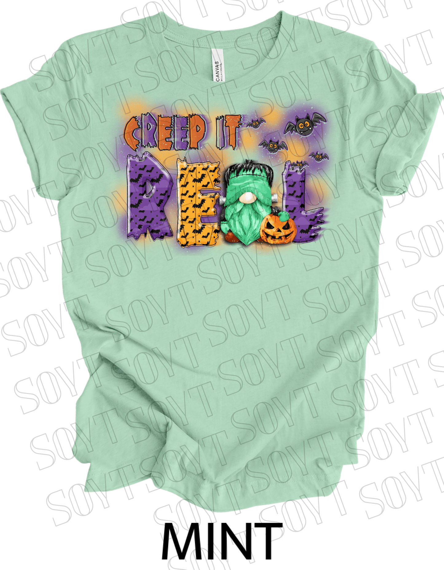 Creep It Real Halloween T-Shirt – Frankenstein Gnome & Pumpkin Bat Graphic Tee - Festive Apparel StoreMint