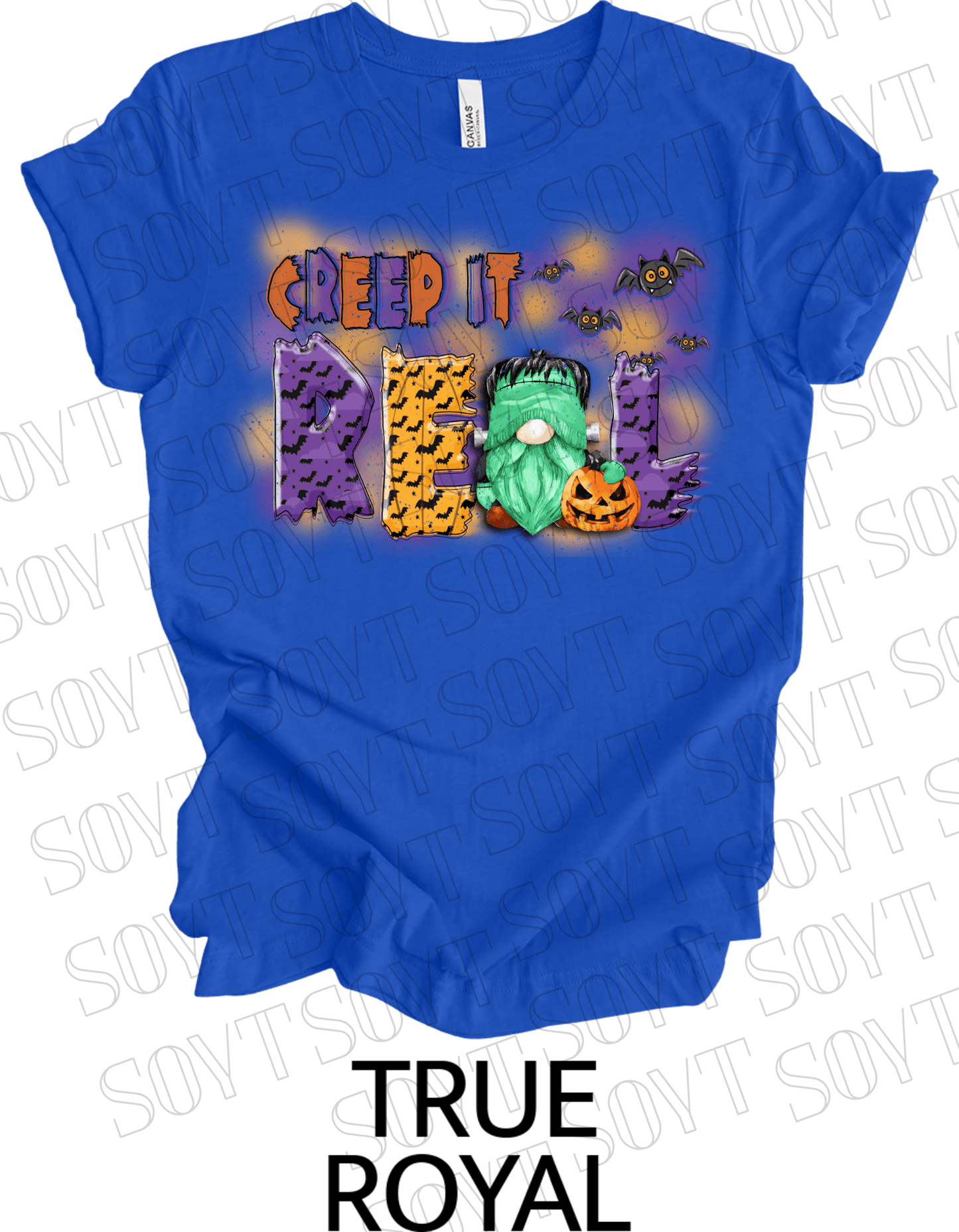 Creep It Real Halloween T-Shirt – Frankenstein Gnome & Pumpkin Bat Graphic Tee - Festive Apparel StoreRoyal Blue