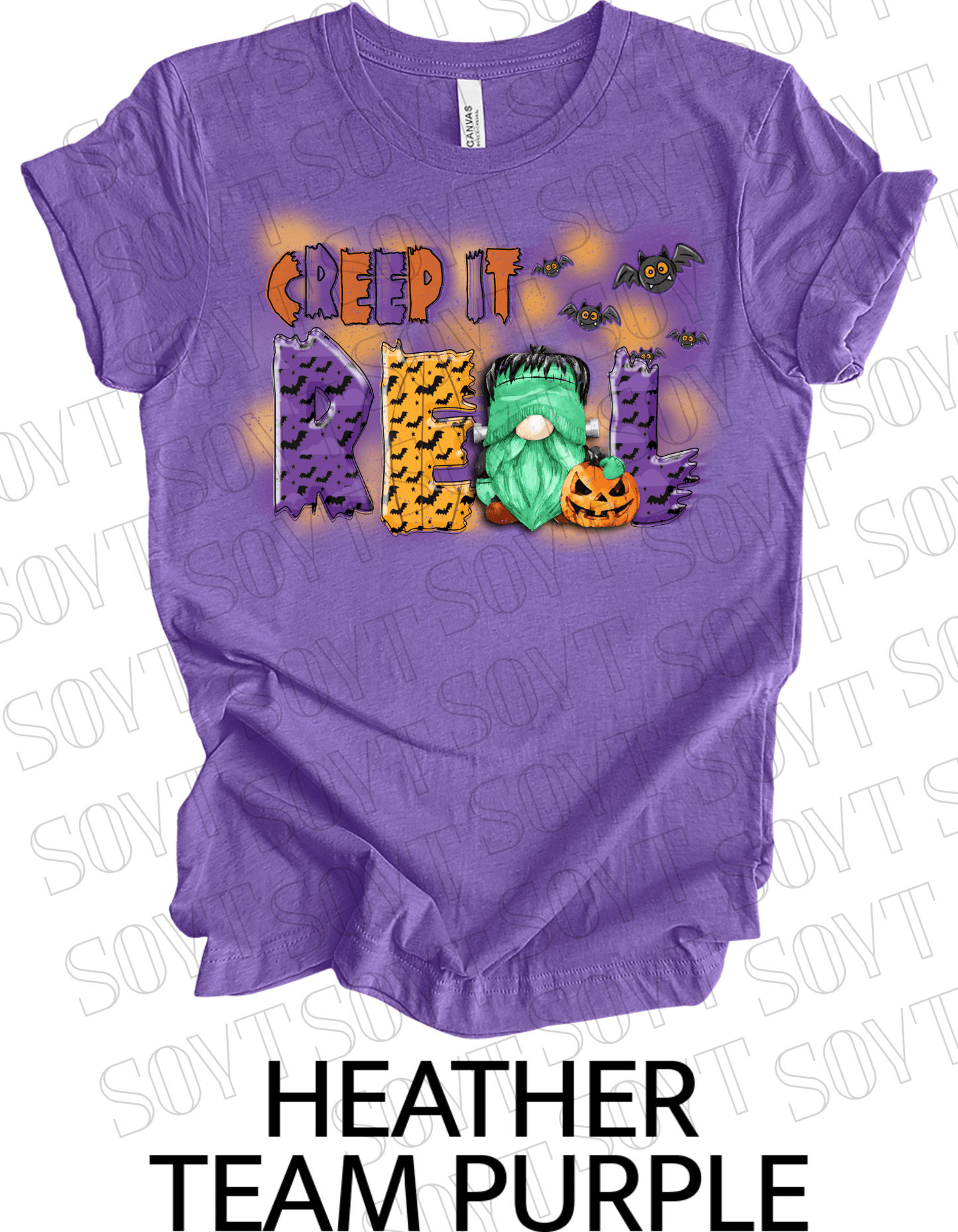 Creep It Real Halloween T-Shirt – Frankenstein Gnome & Pumpkin Bat Graphic Tee - Festive Apparel StoreHeather Purple
