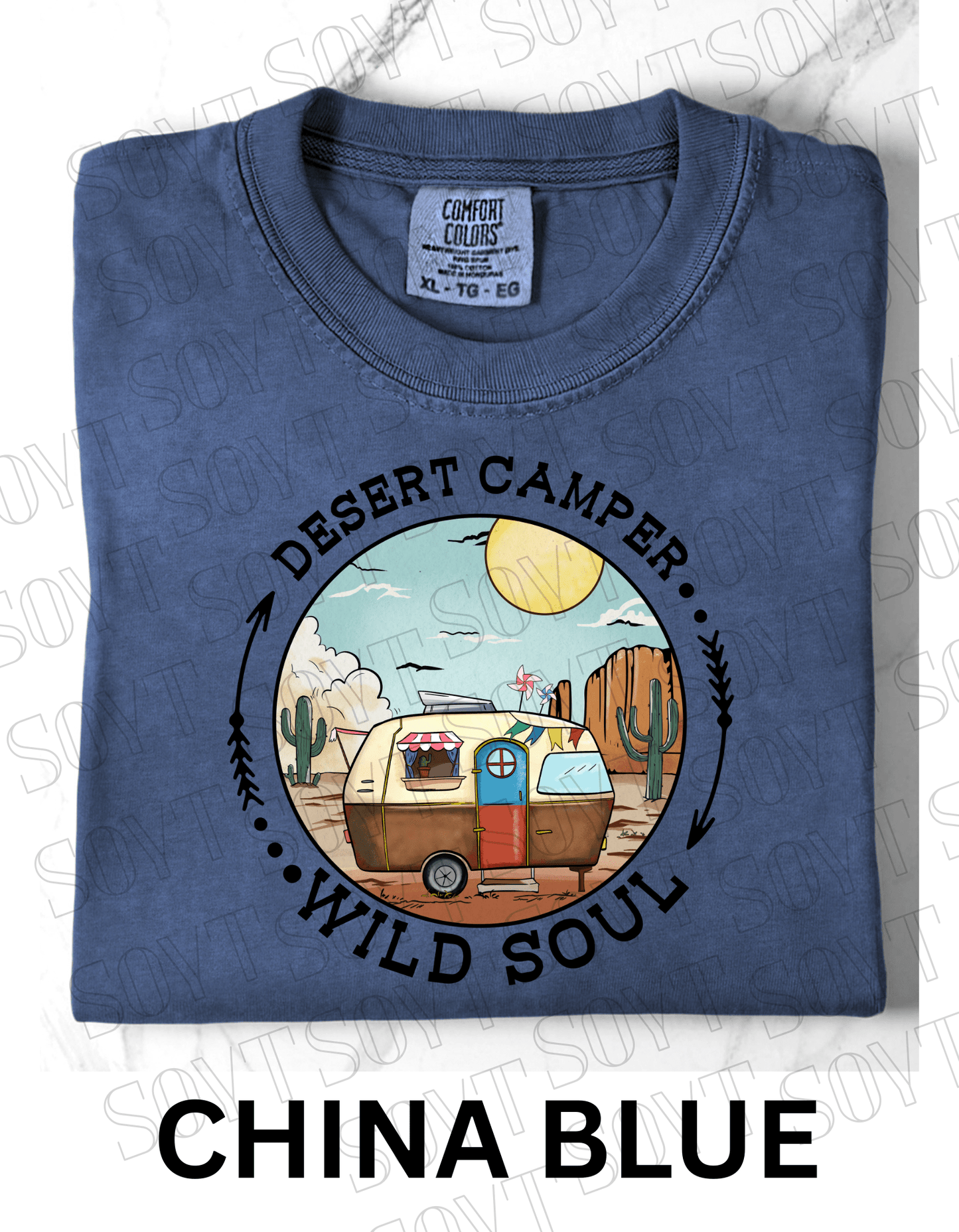 Desert Camper Wild Soul T-Shirt – Vintage Boho RV & Cactus Graphic Tee - Festive Apparel StoreChina Blue