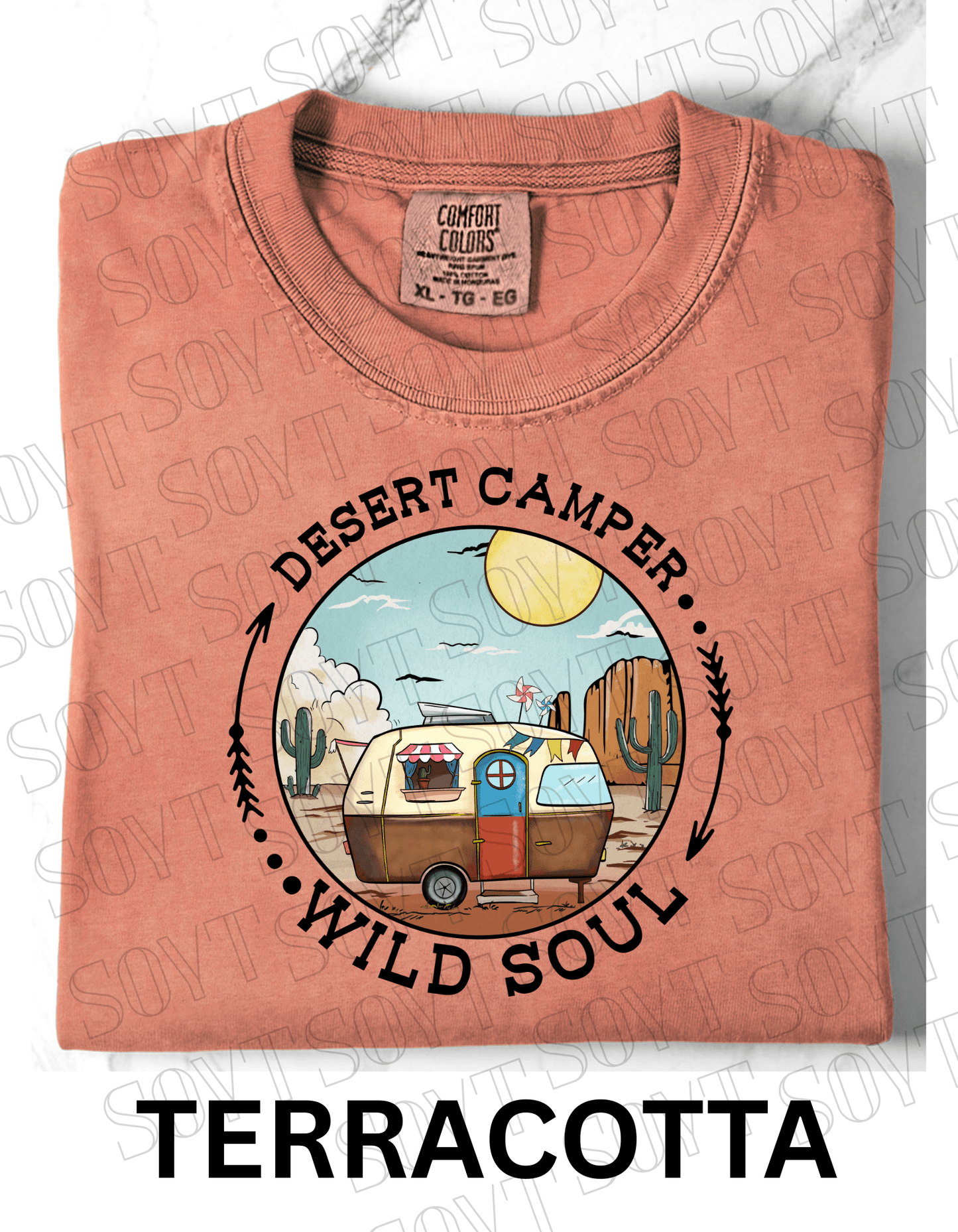 Desert Camper Wild Soul T-Shirt – Vintage Boho RV & Cactus Graphic Tee - Festive Apparel StoreTerracotta