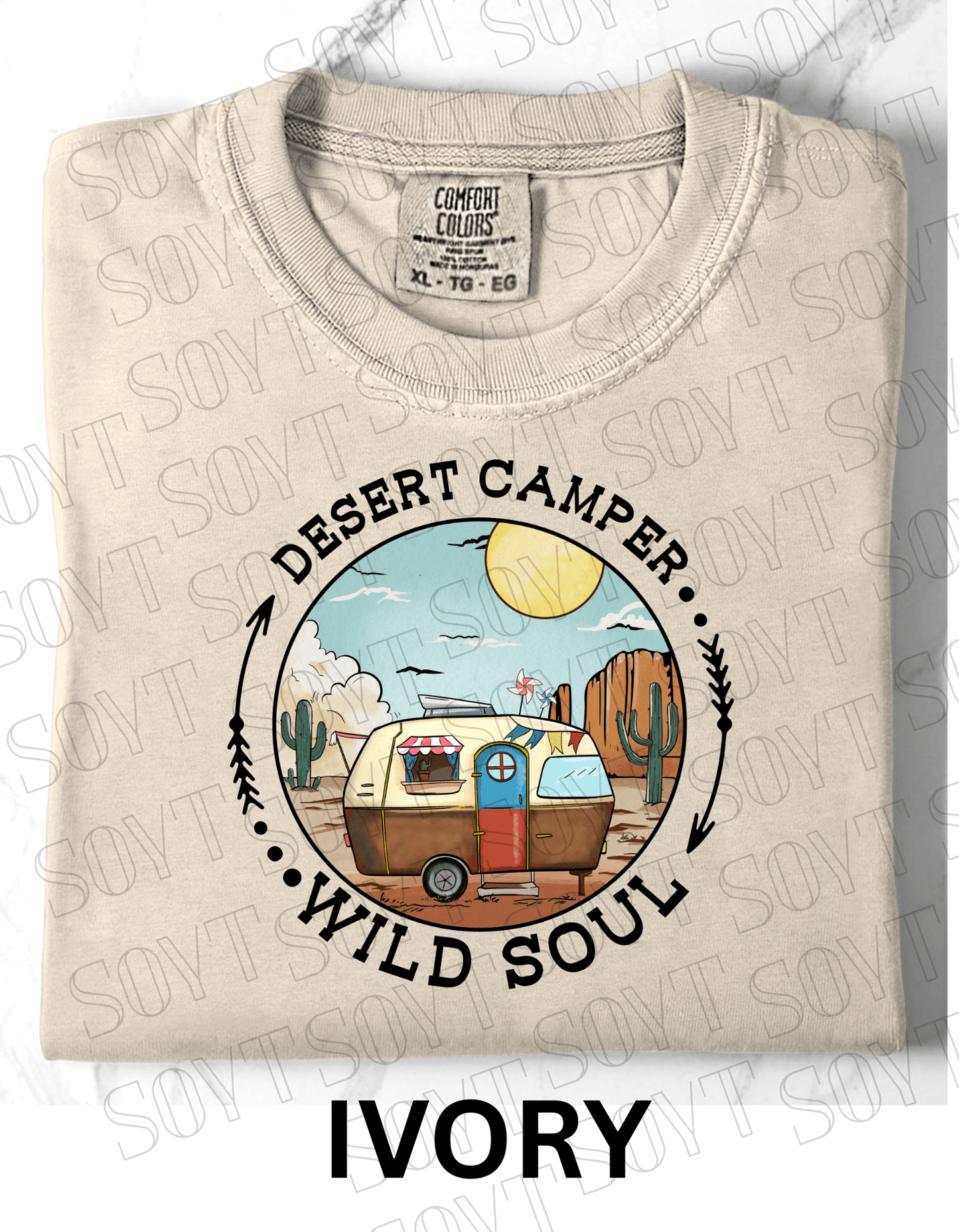 Desert Camper Wild Soul T-Shirt – Vintage Boho RV & Cactus Graphic Tee - Festive Apparel StoreIvory