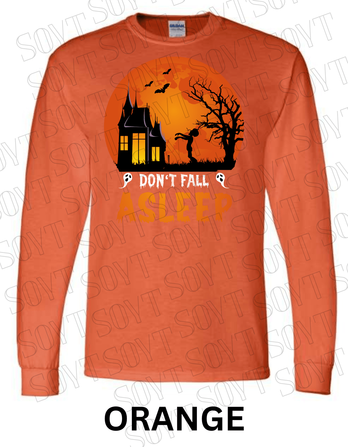 "Don’t Fall Asleep" Halloween Long Sleeve Shirt – Zombie Girl & Haunted House Horror Graphic Tee - Festive Apparel StoreOrange