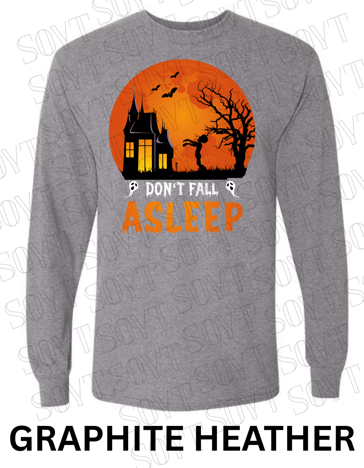 "Don’t Fall Asleep" Halloween Long Sleeve Shirt – Zombie Girl & Haunted House Horror Graphic Tee - Festive Apparel StoreGraphite Heather