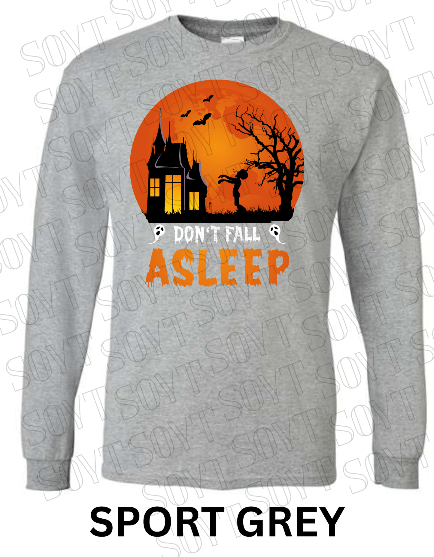 "Don’t Fall Asleep" Halloween Long Sleeve Shirt – Zombie Girl & Haunted House Horror Graphic Tee - Festive Apparel StoreSport Grey