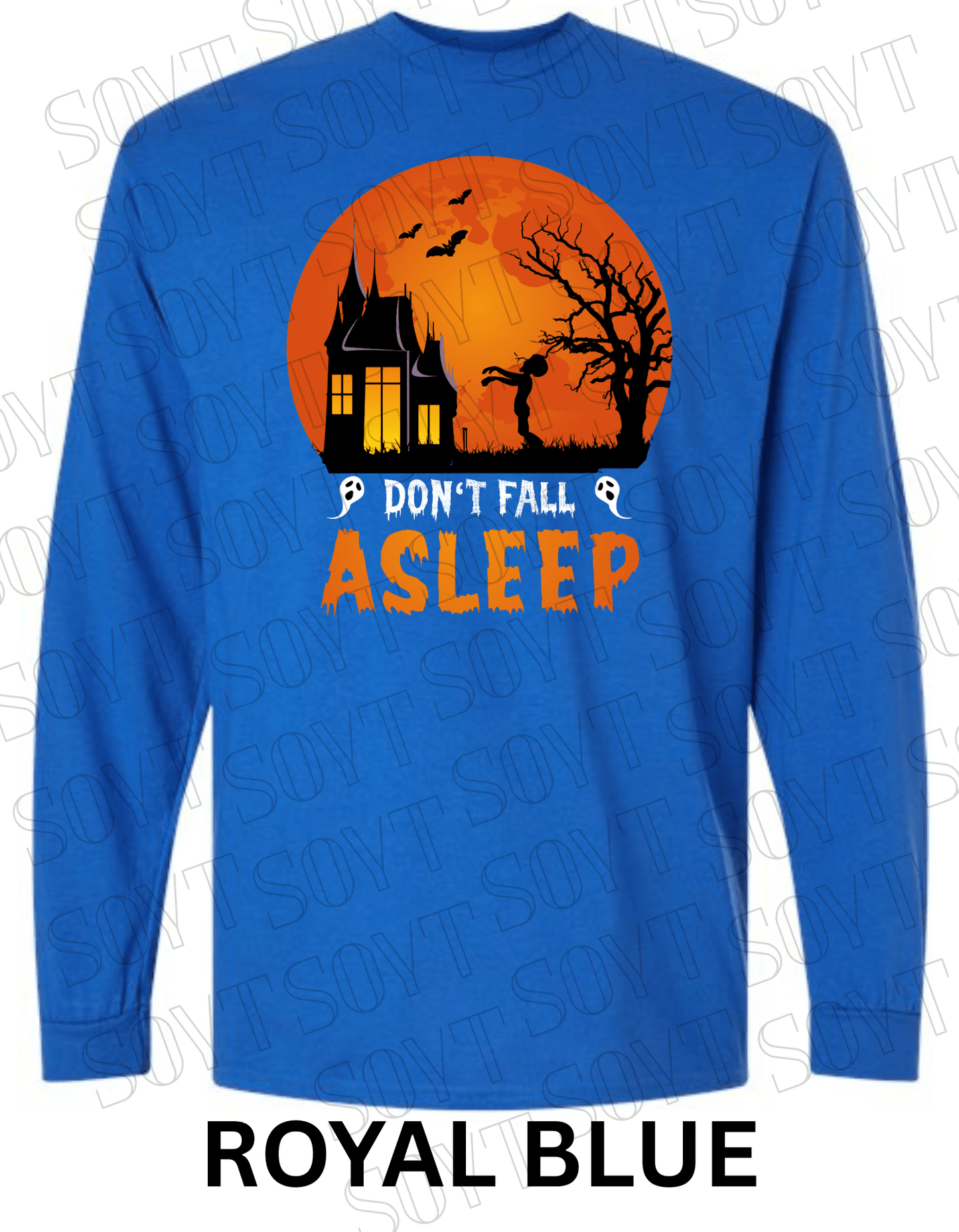 "Don’t Fall Asleep" Halloween Long Sleeve Shirt – Zombie Girl & Haunted House Horror Graphic Tee - Festive Apparel StoreRoyal Blue