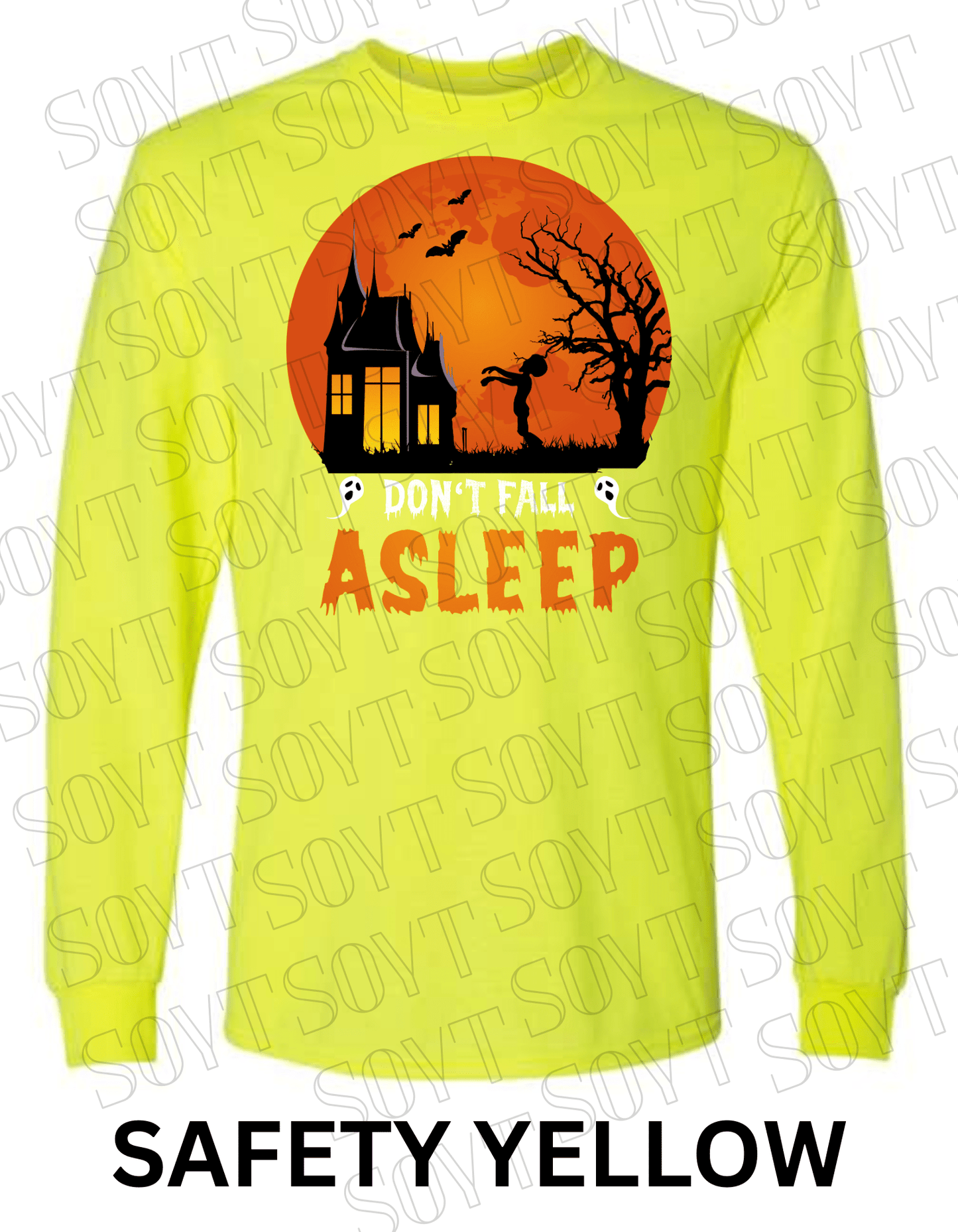 "Don’t Fall Asleep" Halloween Long Sleeve Shirt – Zombie Girl & Haunted House Horror Graphic Tee - Festive Apparel StoreSafety Yellow