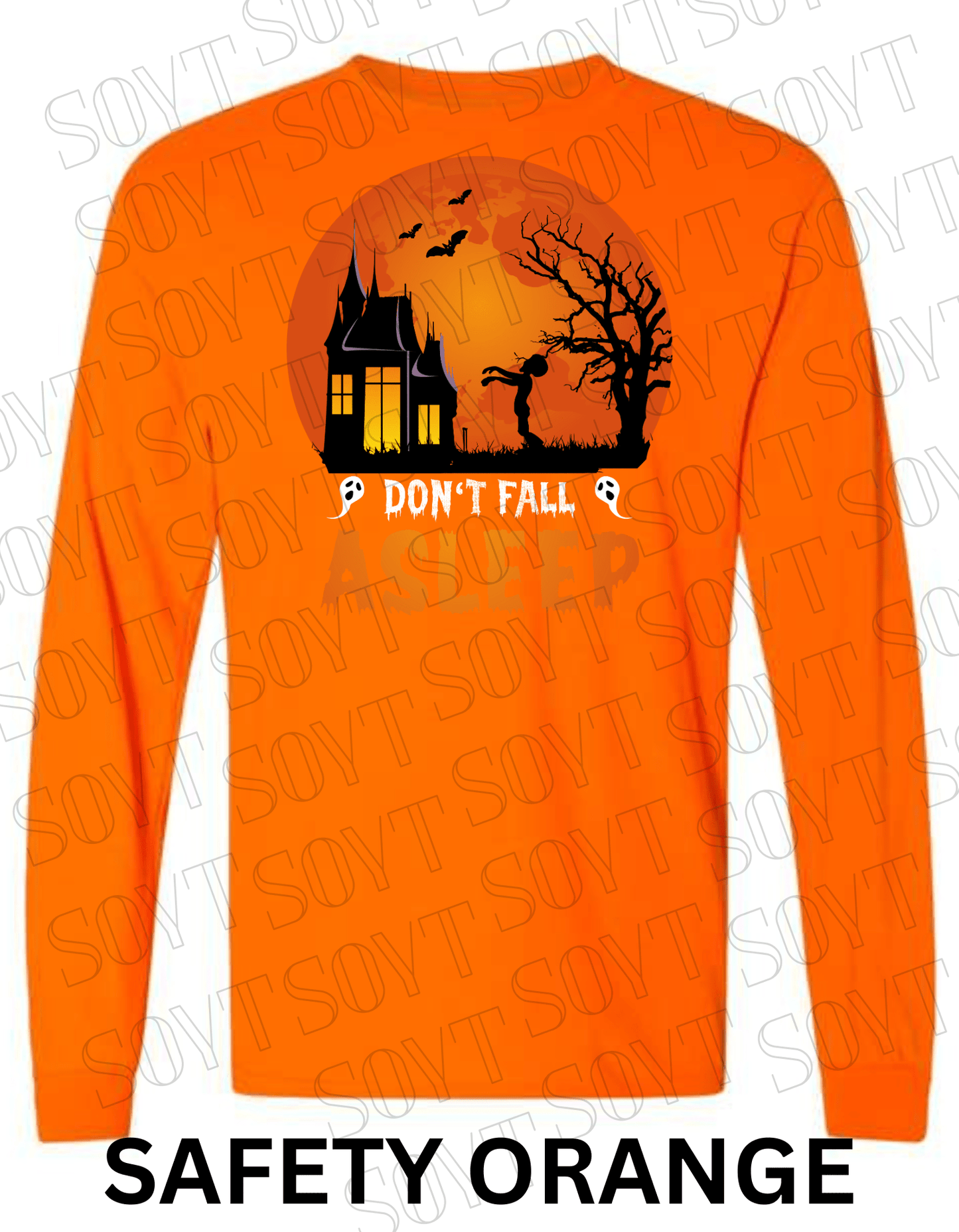 "Don’t Fall Asleep" Halloween Long Sleeve Shirt – Zombie Girl & Haunted House Horror Graphic Tee - Festive Apparel StoreSafety Orange
