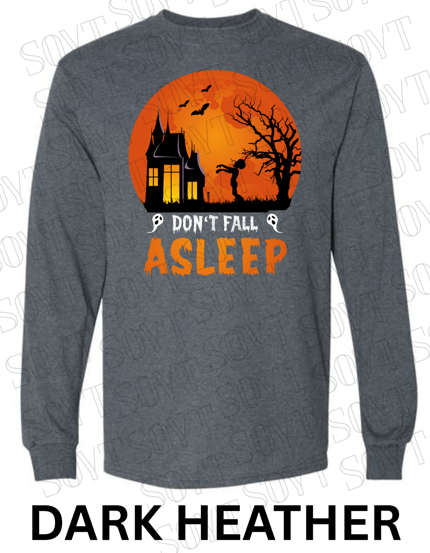 "Don’t Fall Asleep" Halloween Long Sleeve Shirt – Zombie Girl & Haunted House Horror Graphic Tee - Festive Apparel StoreDark Heather