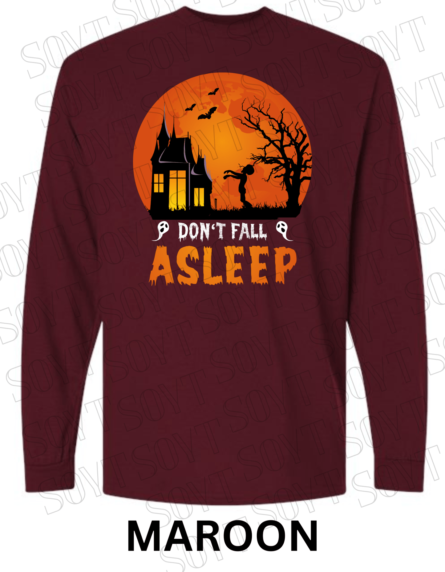 "Don’t Fall Asleep" Halloween Long Sleeve Shirt – Zombie Girl & Haunted House Horror Graphic Tee - Festive Apparel StoreMaroon