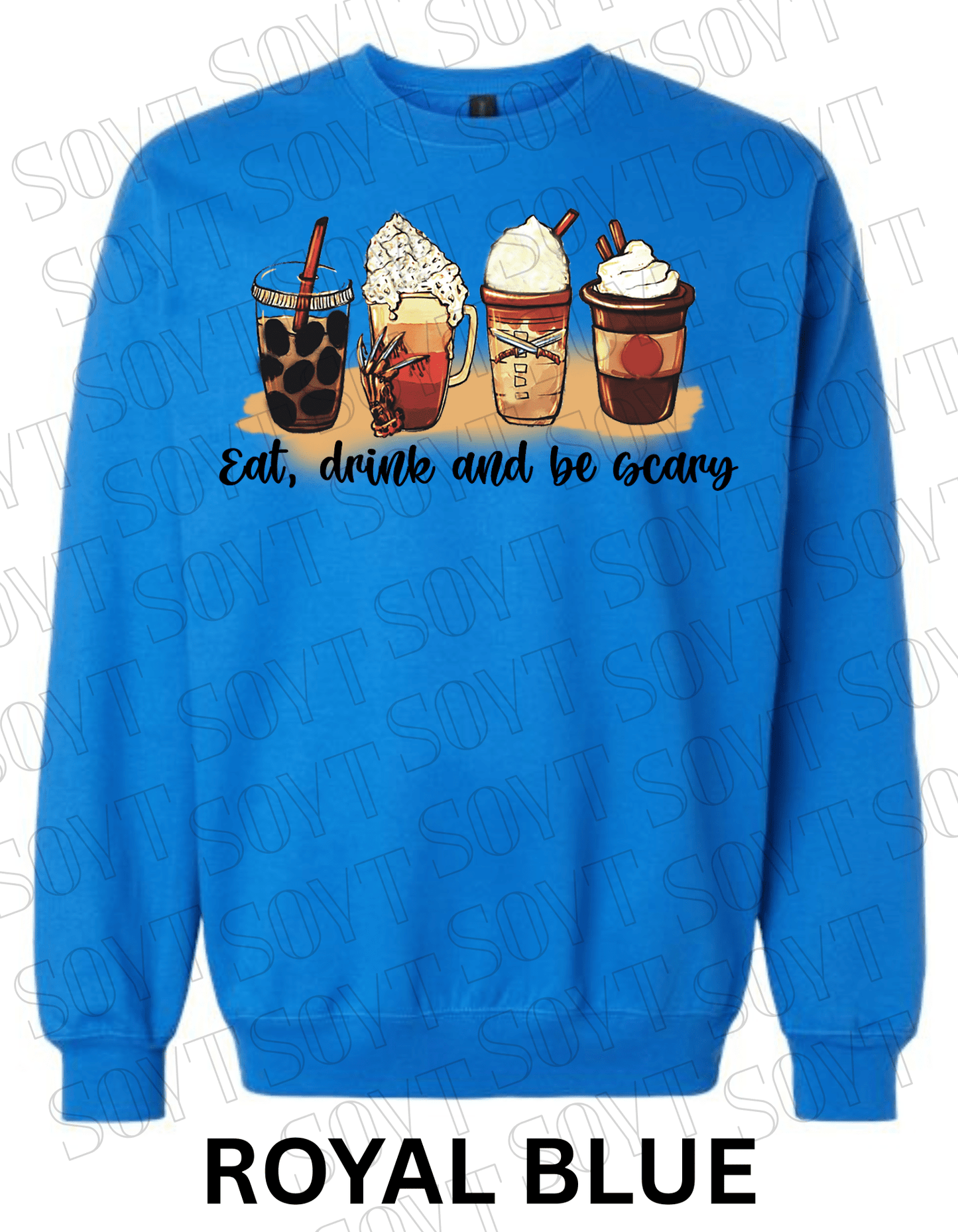 Eat, Drink and Be Scary Halloween Sweatshirt – Fall Coffee Cup Graphic Pullover - Festive Apparel StoreRoyal Blue