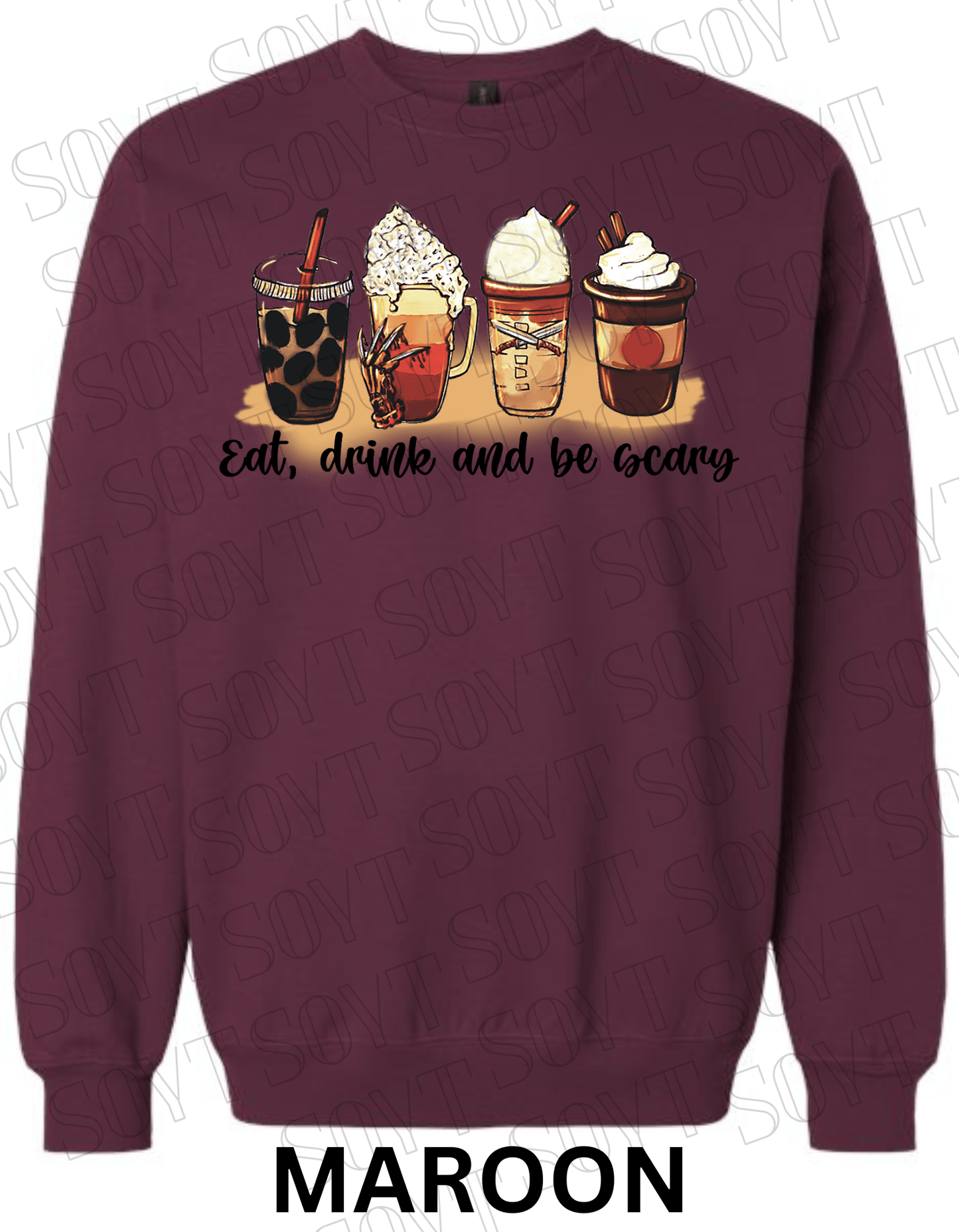 Eat, Drink and Be Scary Halloween Sweatshirt – Fall Coffee Cup Graphic Pullover - Festive Apparel StoreMaroon