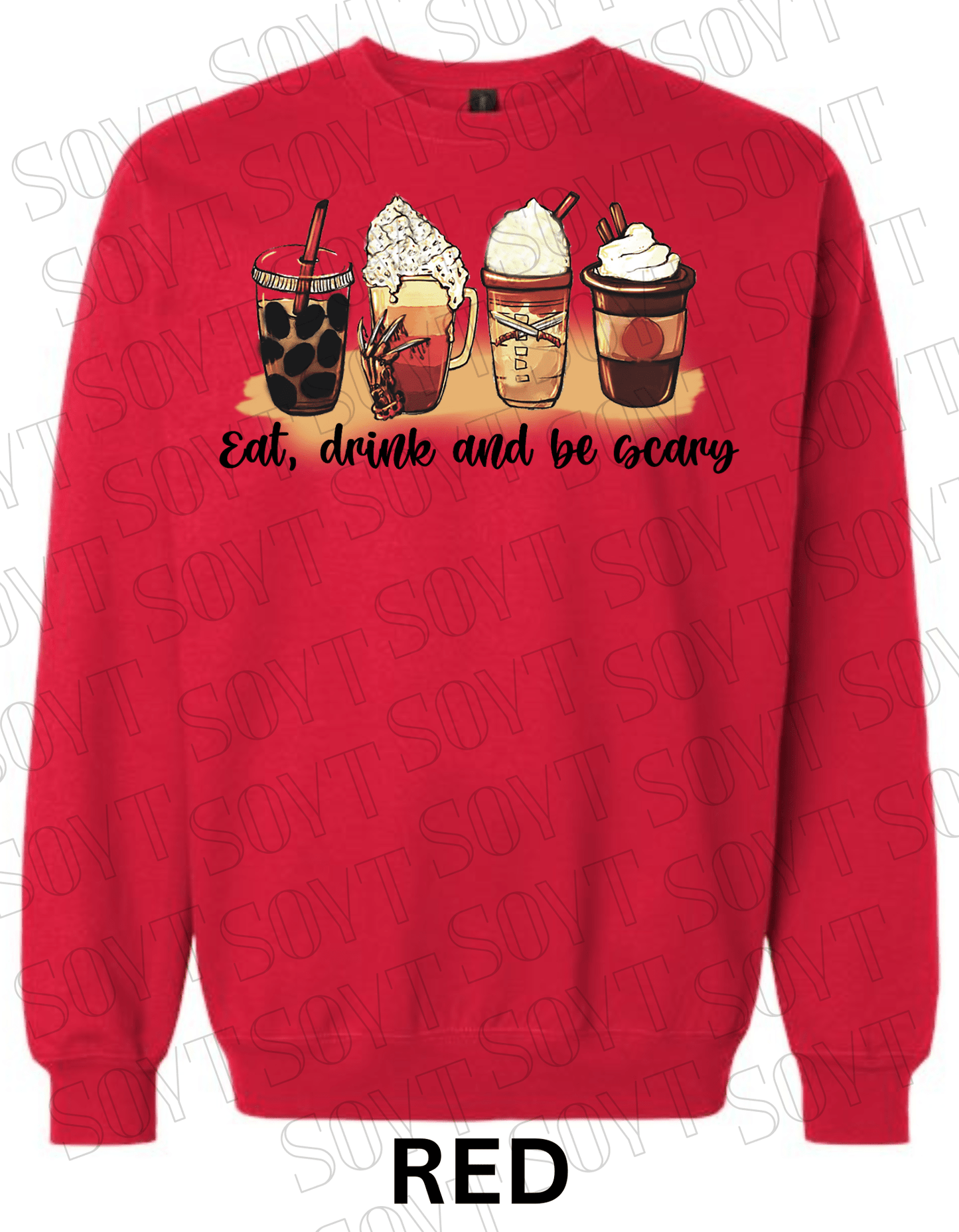 Eat, Drink and Be Scary Halloween Sweatshirt – Fall Coffee Cup Graphic Pullover - Festive Apparel StoreRed