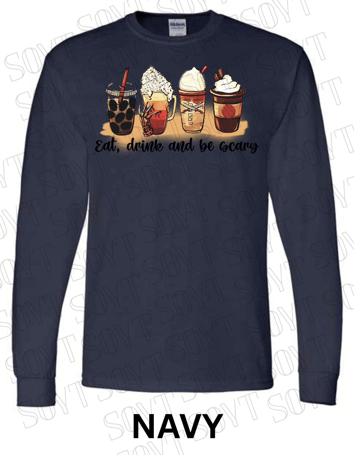 Eat, Drink and Be Scary Long Sleeve Shirt – Halloween Fall Coffee & Drink Graphic - Festive Apparel StoreNavy Blue