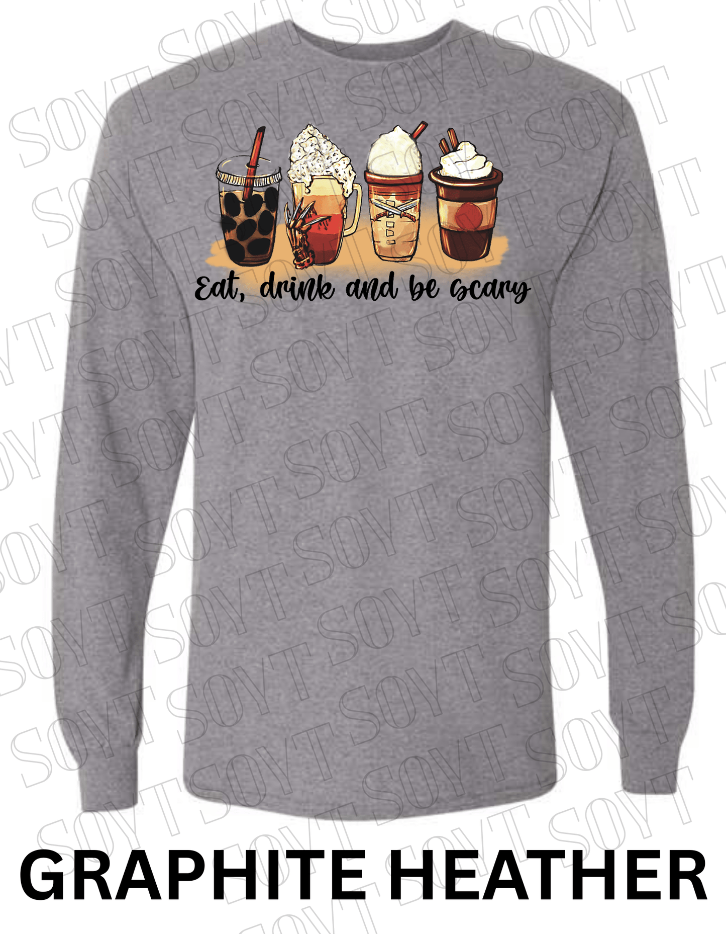 Eat, Drink and Be Scary Long Sleeve Shirt – Halloween Fall Coffee & Drink Graphic - Festive Apparel StoreGraphite Heather
