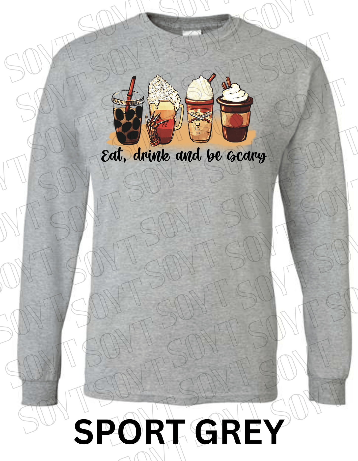 Eat, Drink and Be Scary Long Sleeve Shirt – Halloween Fall Coffee & Drink Graphic - Festive Apparel StoreSport Grey