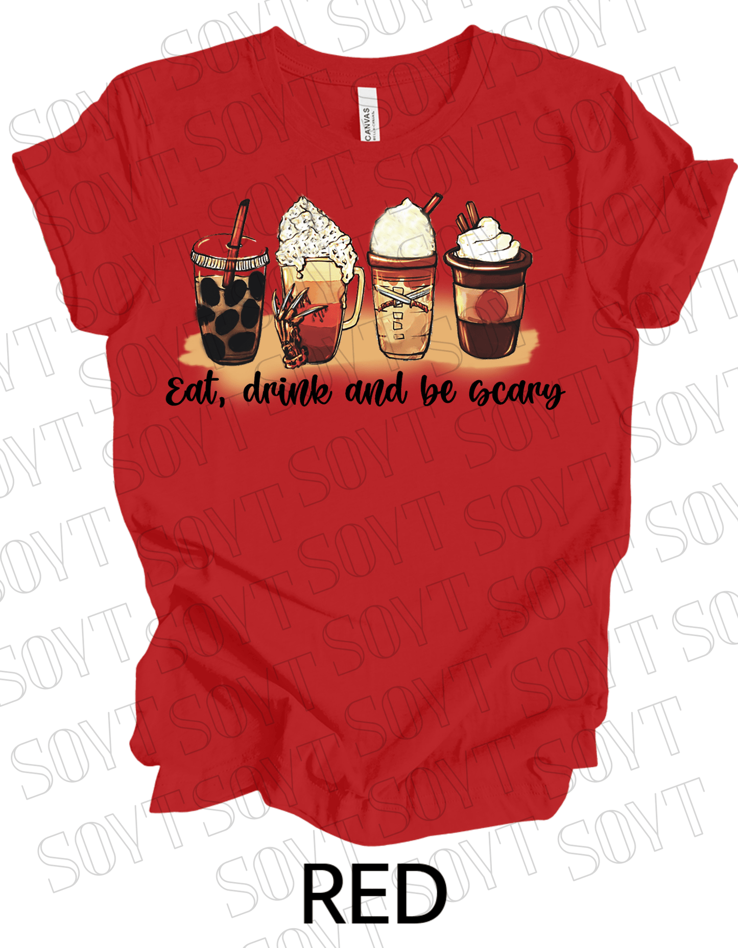 Eat, Drink and Be Scary T-Shirt – Halloween Iced Coffee & Fall Drink Graphic Tee - Festive Apparel StoreRed