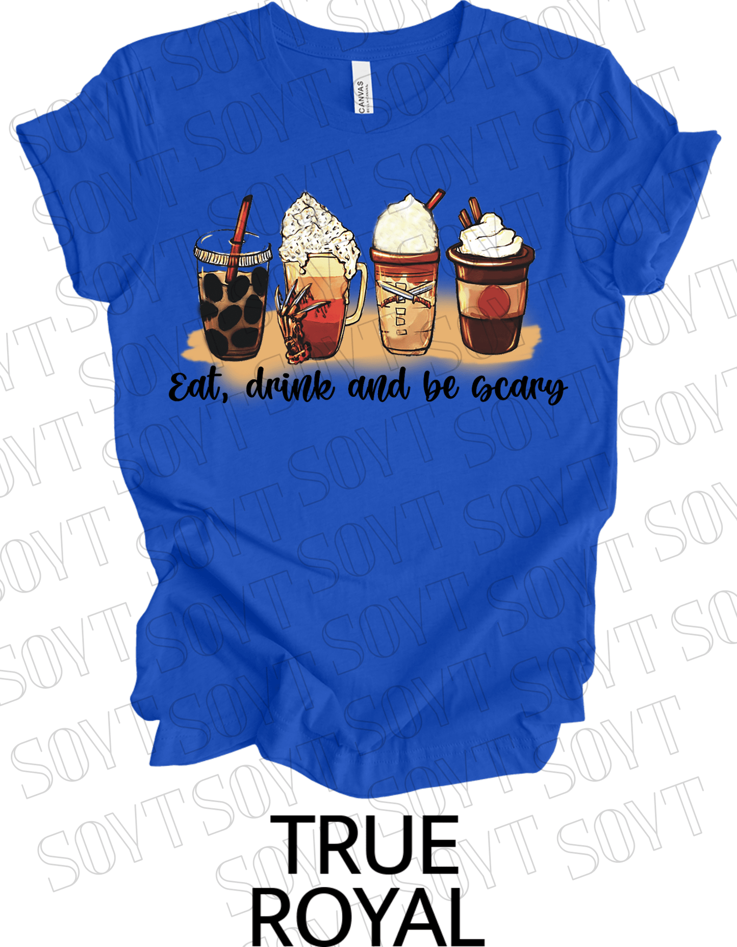 Eat, Drink and Be Scary T-Shirt – Halloween Iced Coffee & Fall Drink Graphic Tee - Festive Apparel StoreRoyal Blue
