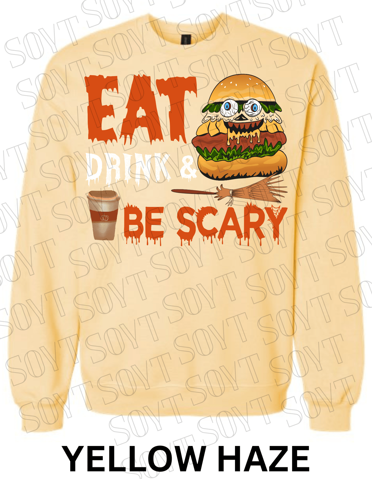 "Eat, Drink & Be Scary" Halloween Sweatshirt – Cozy Funny Foodie Pullover with Zombie Burger Graphic - Festive Apparel StoreYellow Haze
