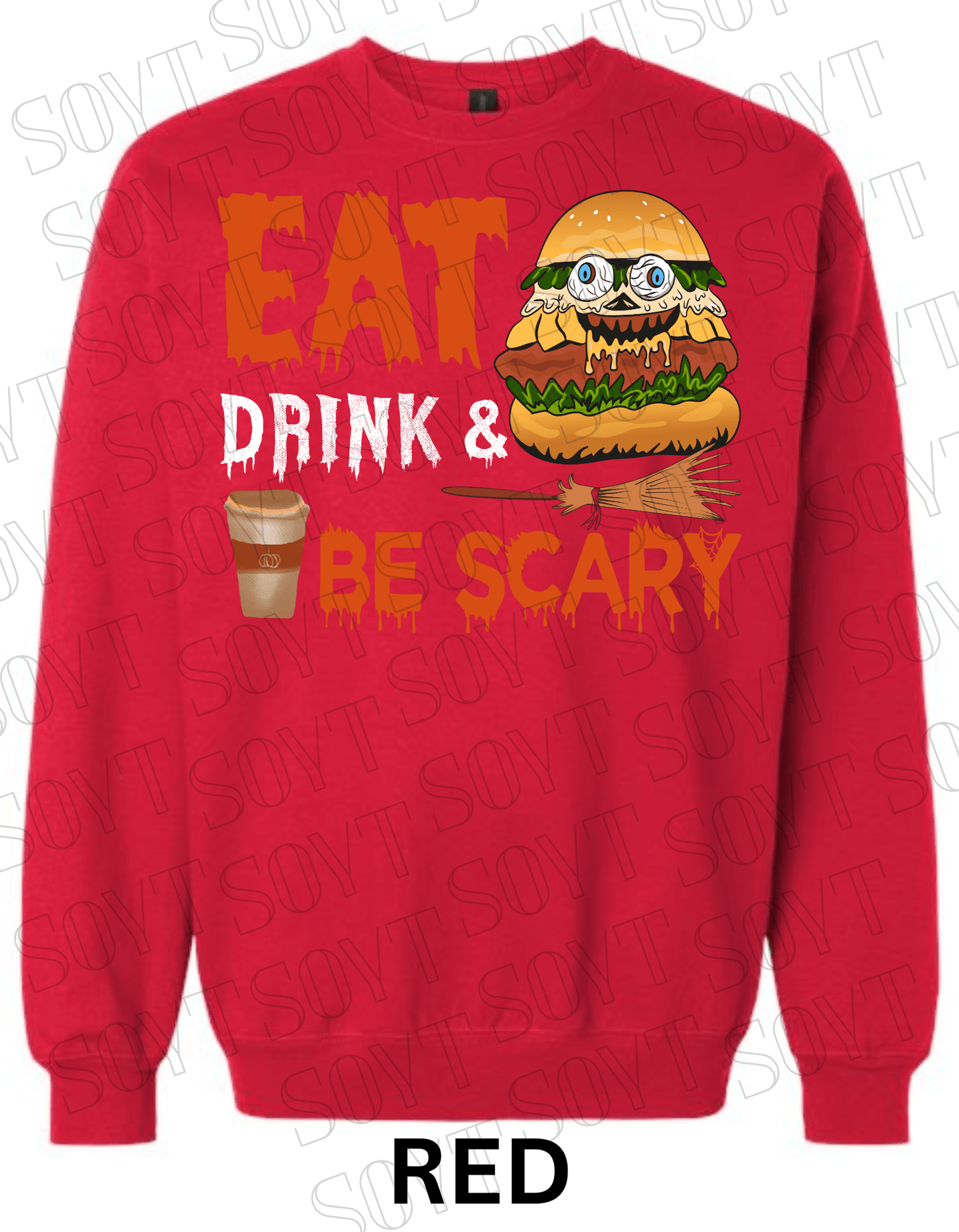 "Eat, Drink & Be Scary" Halloween Sweatshirt – Cozy Funny Foodie Pullover with Zombie Burger Graphic - Festive Apparel StoreRed
