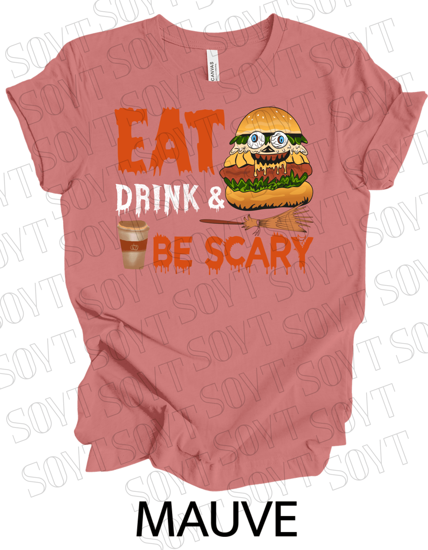"Eat, Drink & Be Scary" Halloween T-Shirt – Funny Burger & Broom Graphic Tee for Fall Foodies - Festive Apparel StoreMauve