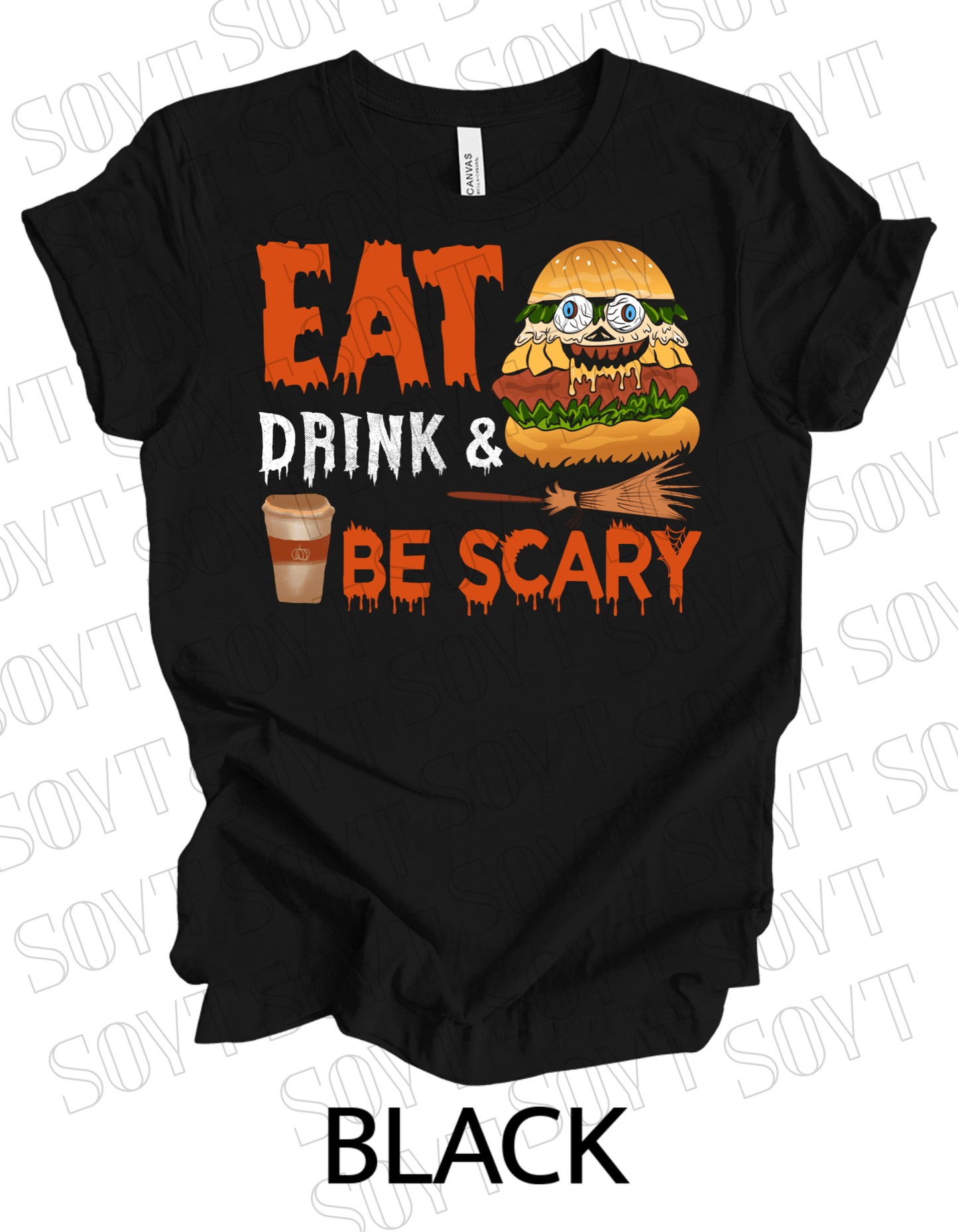 "Eat, Drink & Be Scary" Halloween T-Shirt – Funny Burger & Broom Graphic Tee for Fall Foodies - Festive Apparel StoreBlack