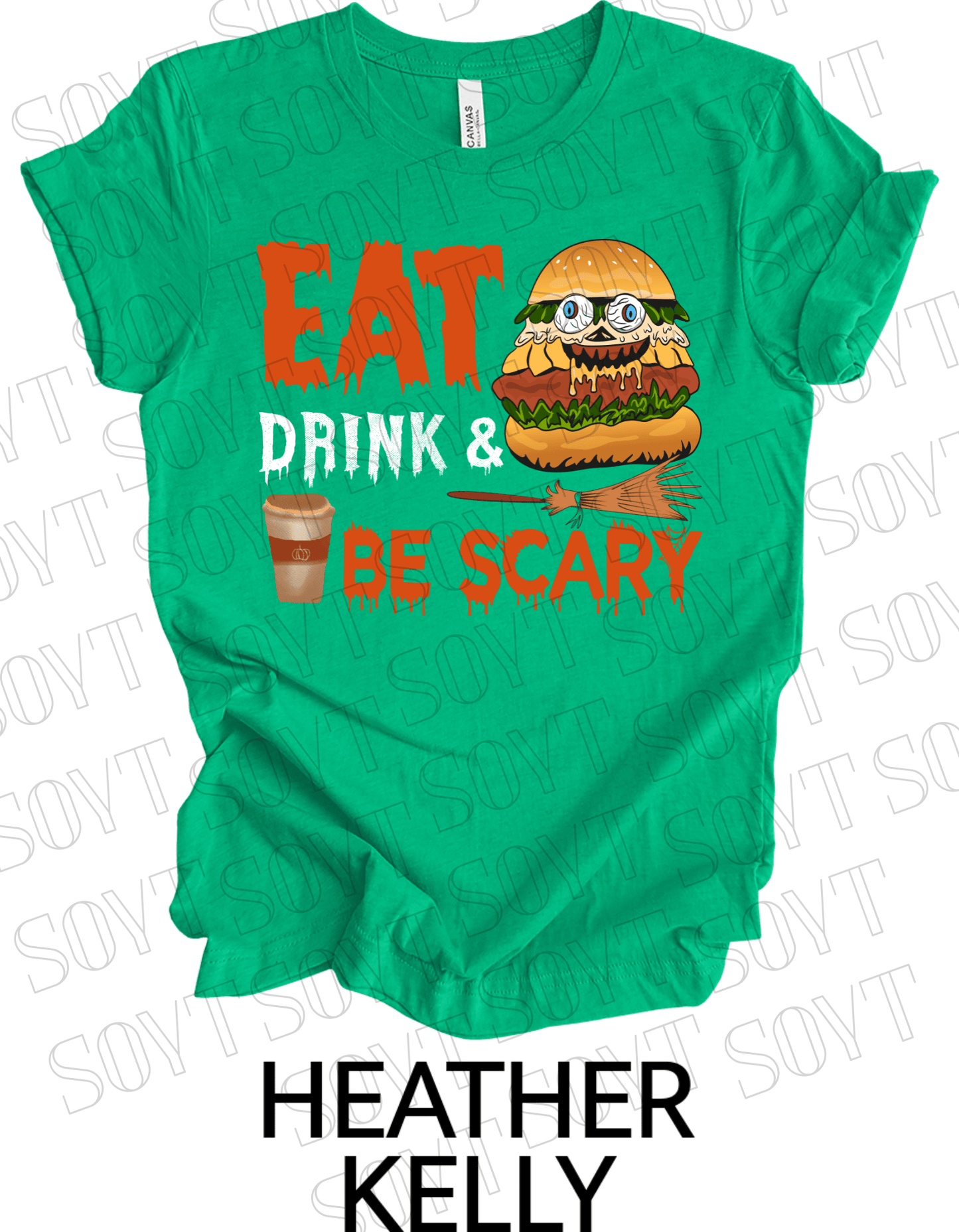 "Eat, Drink & Be Scary" Halloween T-Shirt – Funny Burger & Broom Graphic Tee for Fall Foodies - Festive Apparel StoreHeather Kelly Green