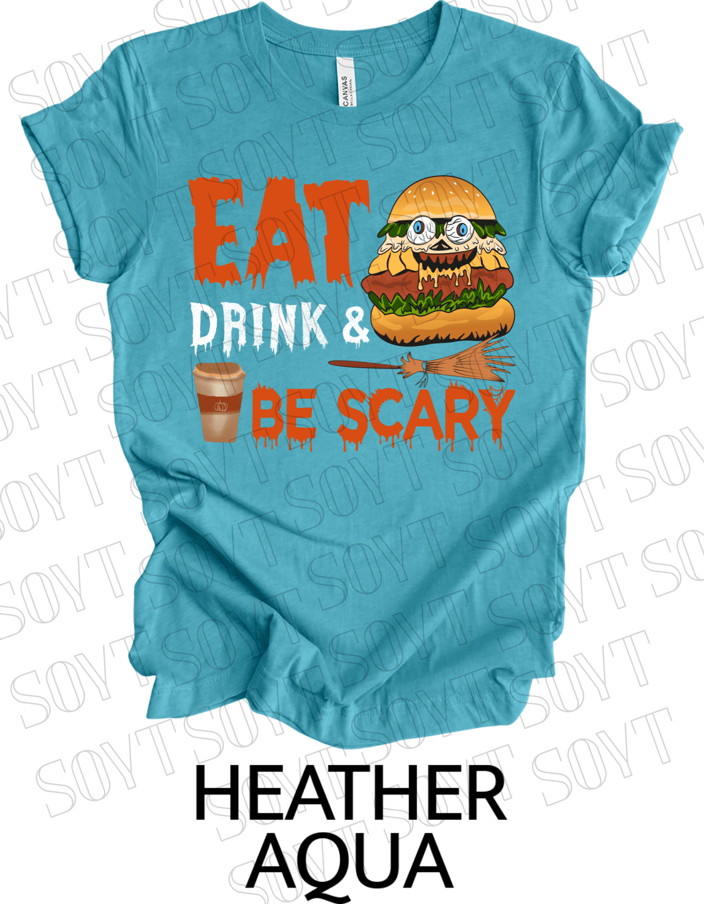 "Eat, Drink & Be Scary" Halloween T-Shirt – Funny Burger & Broom Graphic Tee for Fall Foodies - Festive Apparel StoreHeather Aqua