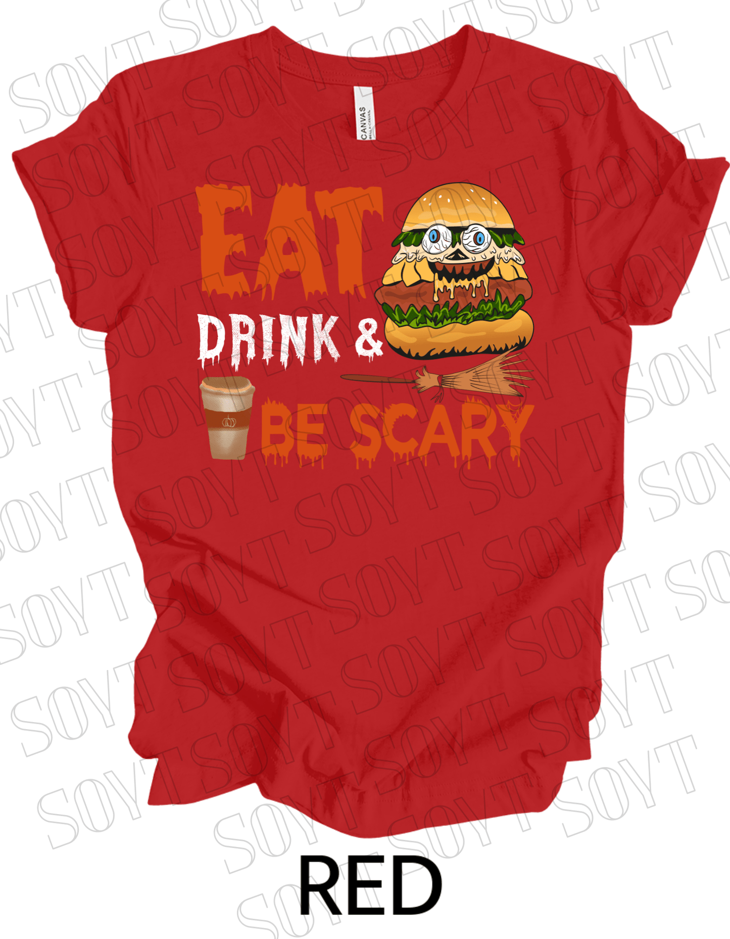 "Eat, Drink & Be Scary" Halloween T-Shirt – Funny Burger & Broom Graphic Tee for Fall Foodies - Festive Apparel StoreRed