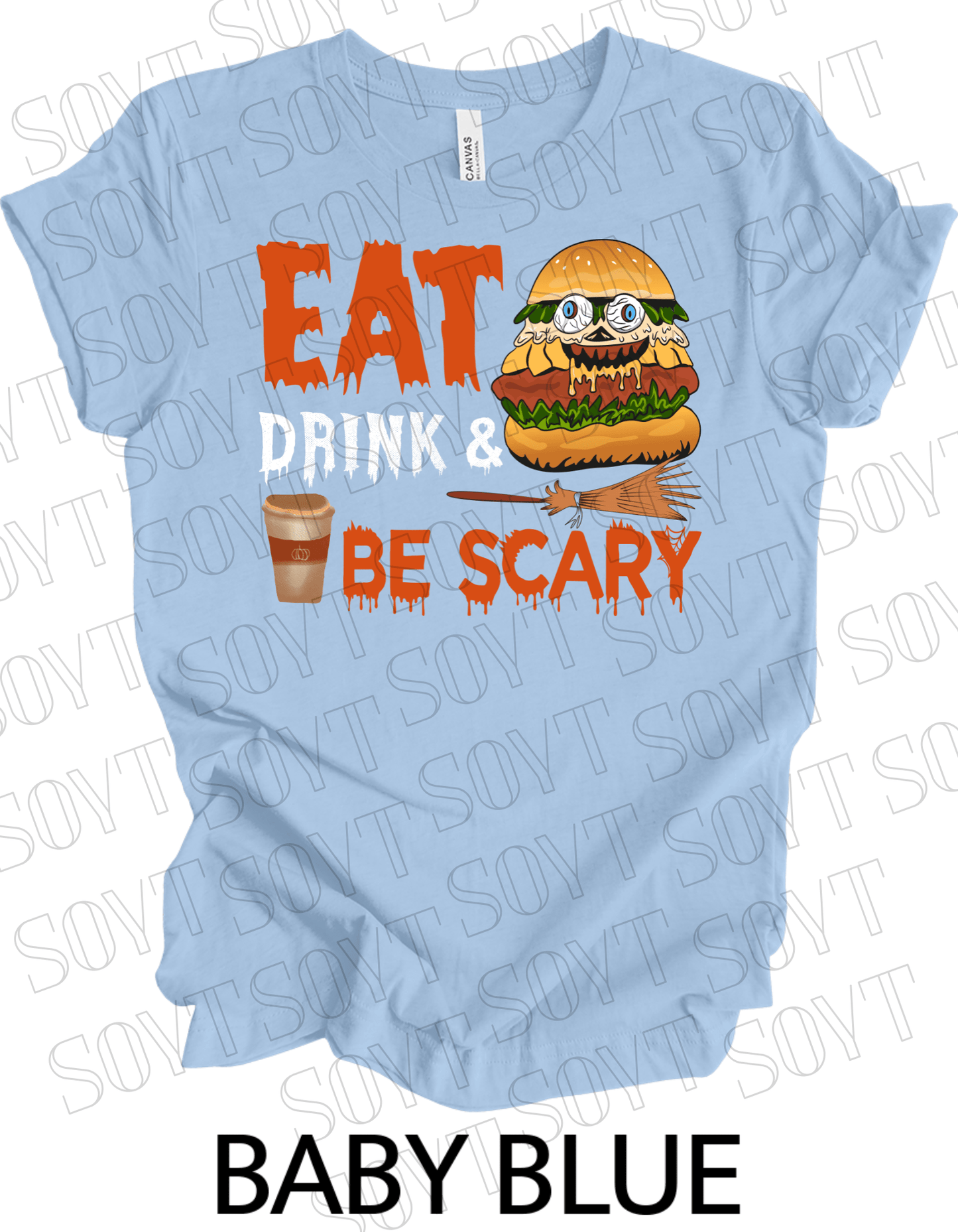 "Eat, Drink & Be Scary" Halloween T-Shirt – Funny Burger & Broom Graphic Tee for Fall Foodies - Festive Apparel StoreBaby Blue