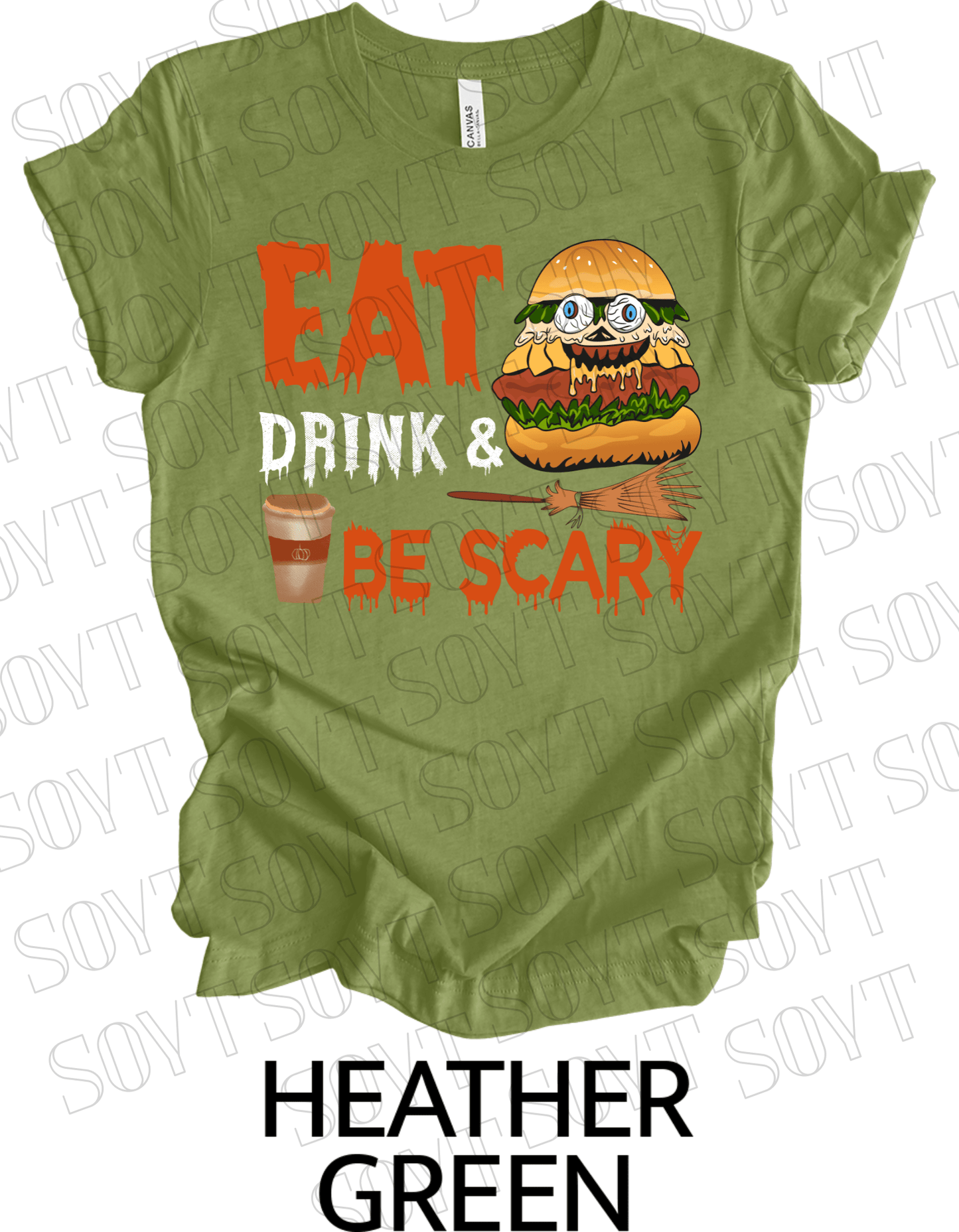 "Eat, Drink & Be Scary" Halloween T-Shirt – Funny Burger & Broom Graphic Tee for Fall Foodies - Festive Apparel StoreHeather Green